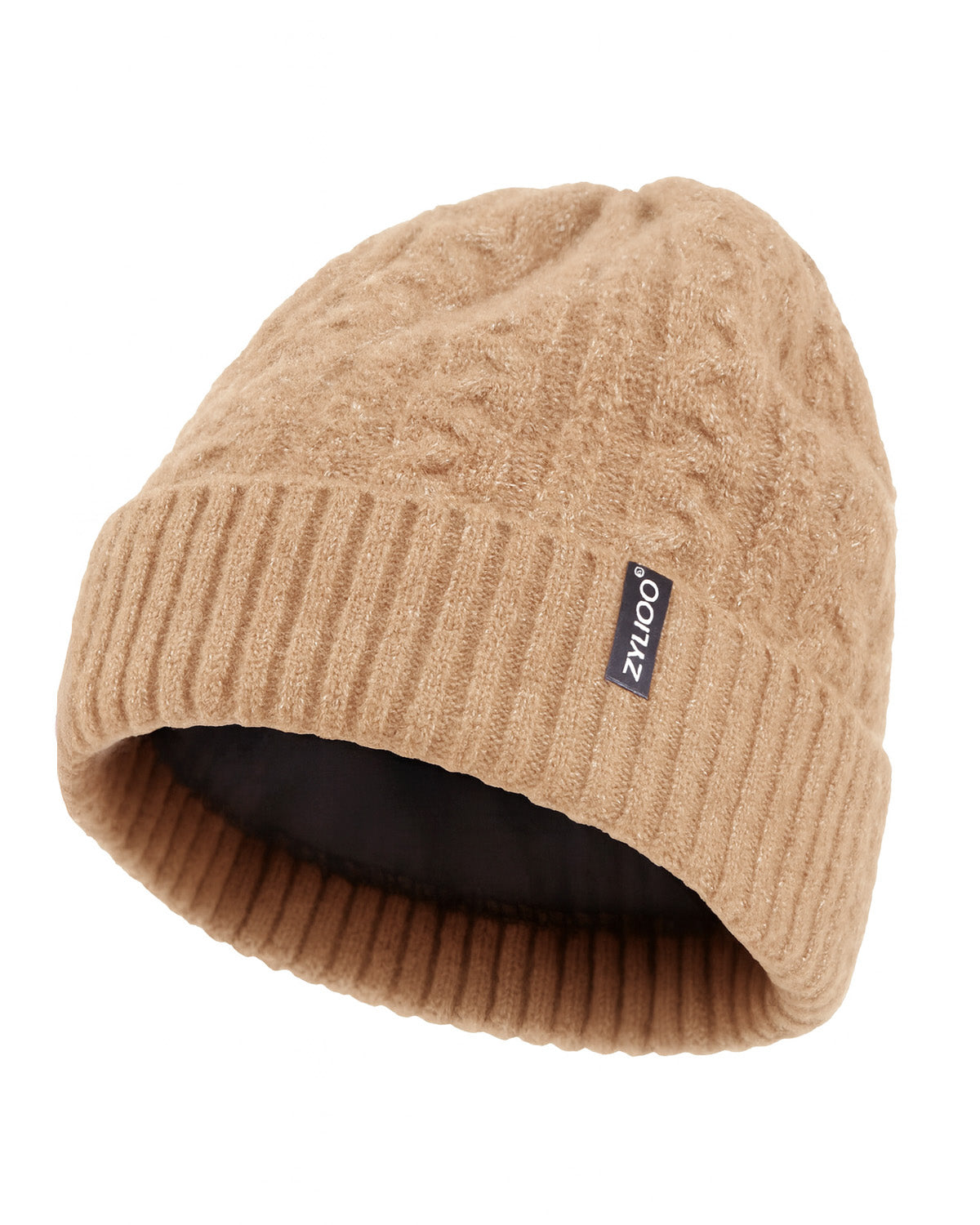 Gray fleece-lined cable beanie for big heads - stretchy cable knit fabric detail