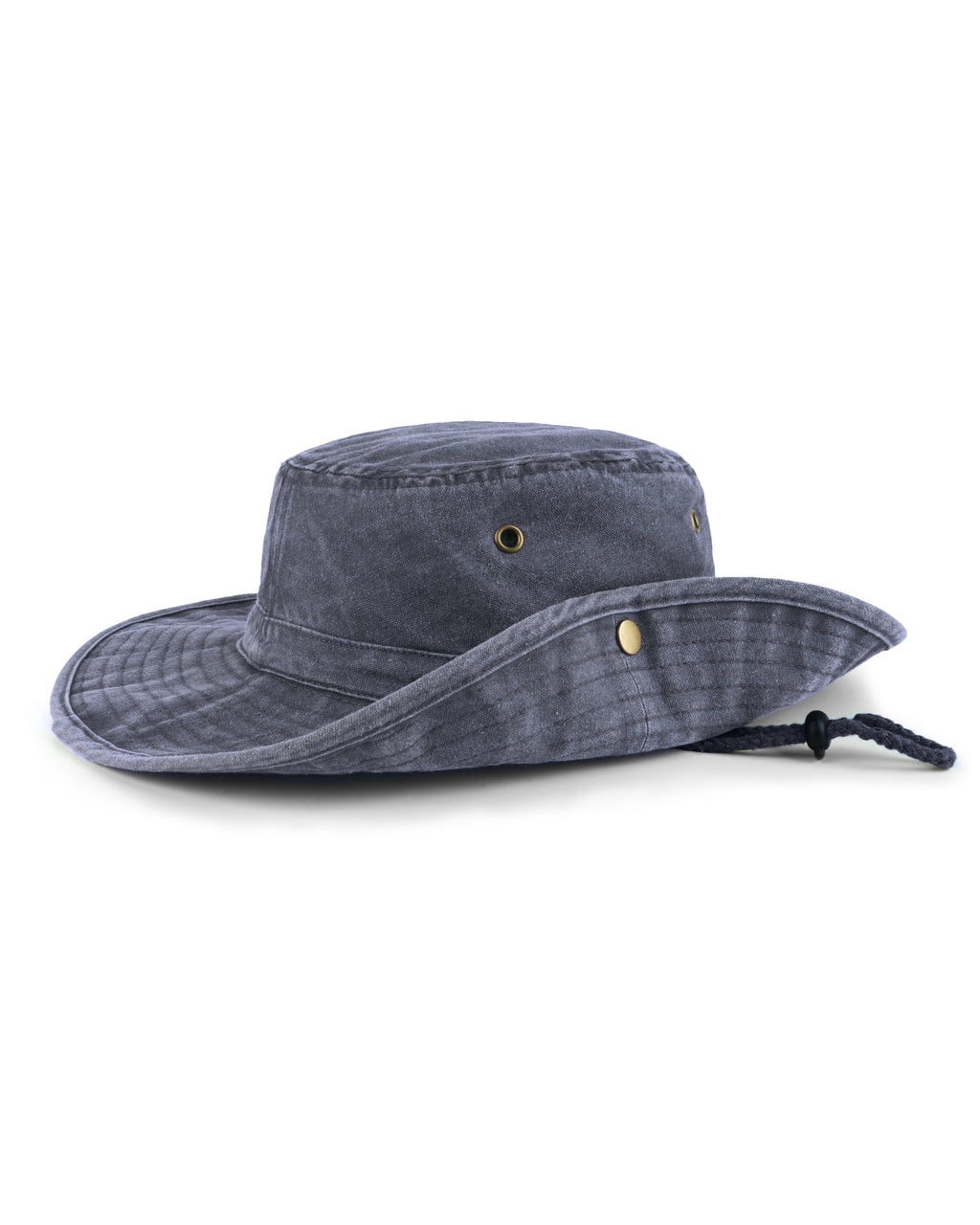 Navy washed boonie sun hat for big heads - brim snap button detail
