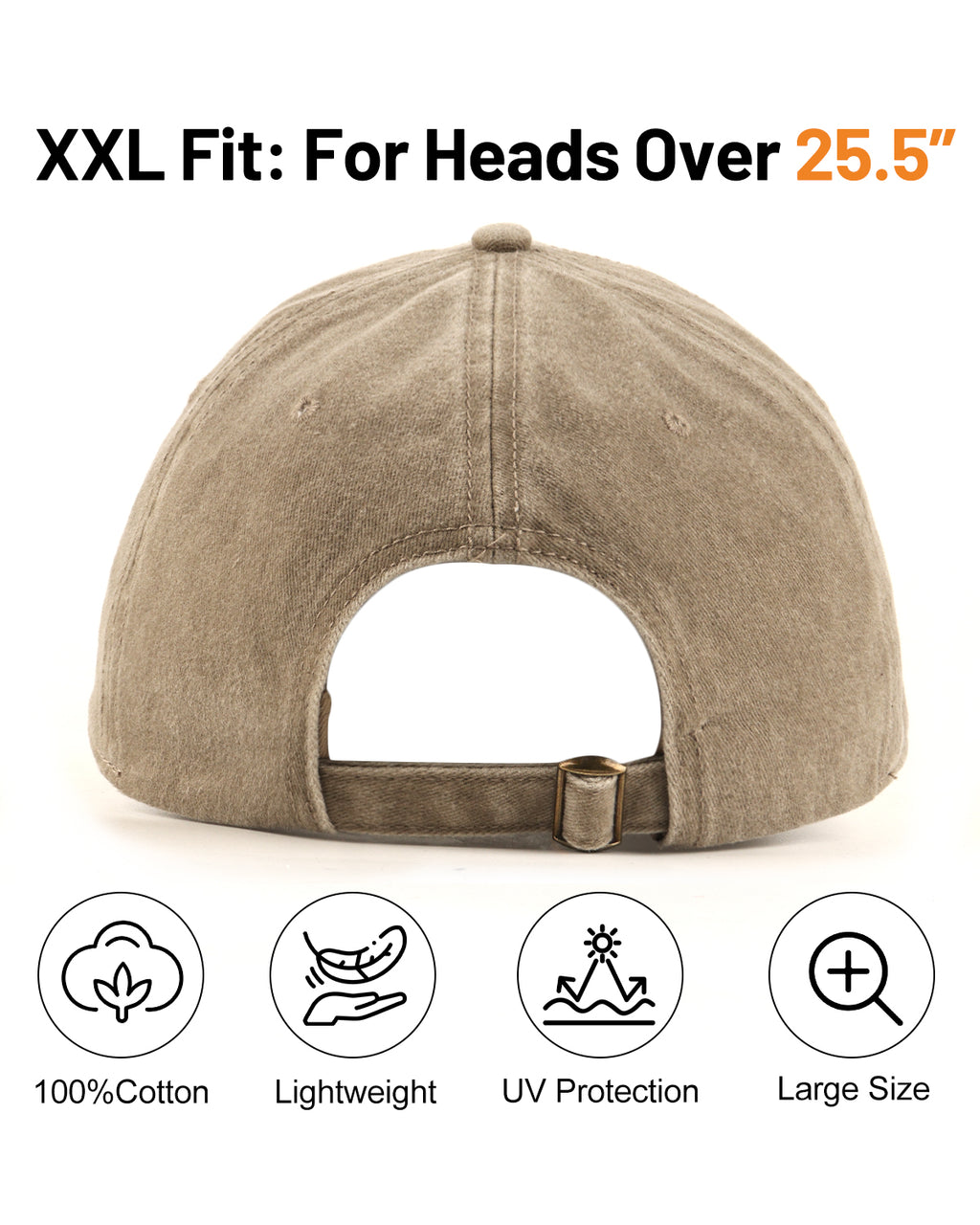 Khaki washed denim baseball cap for big heads - back view