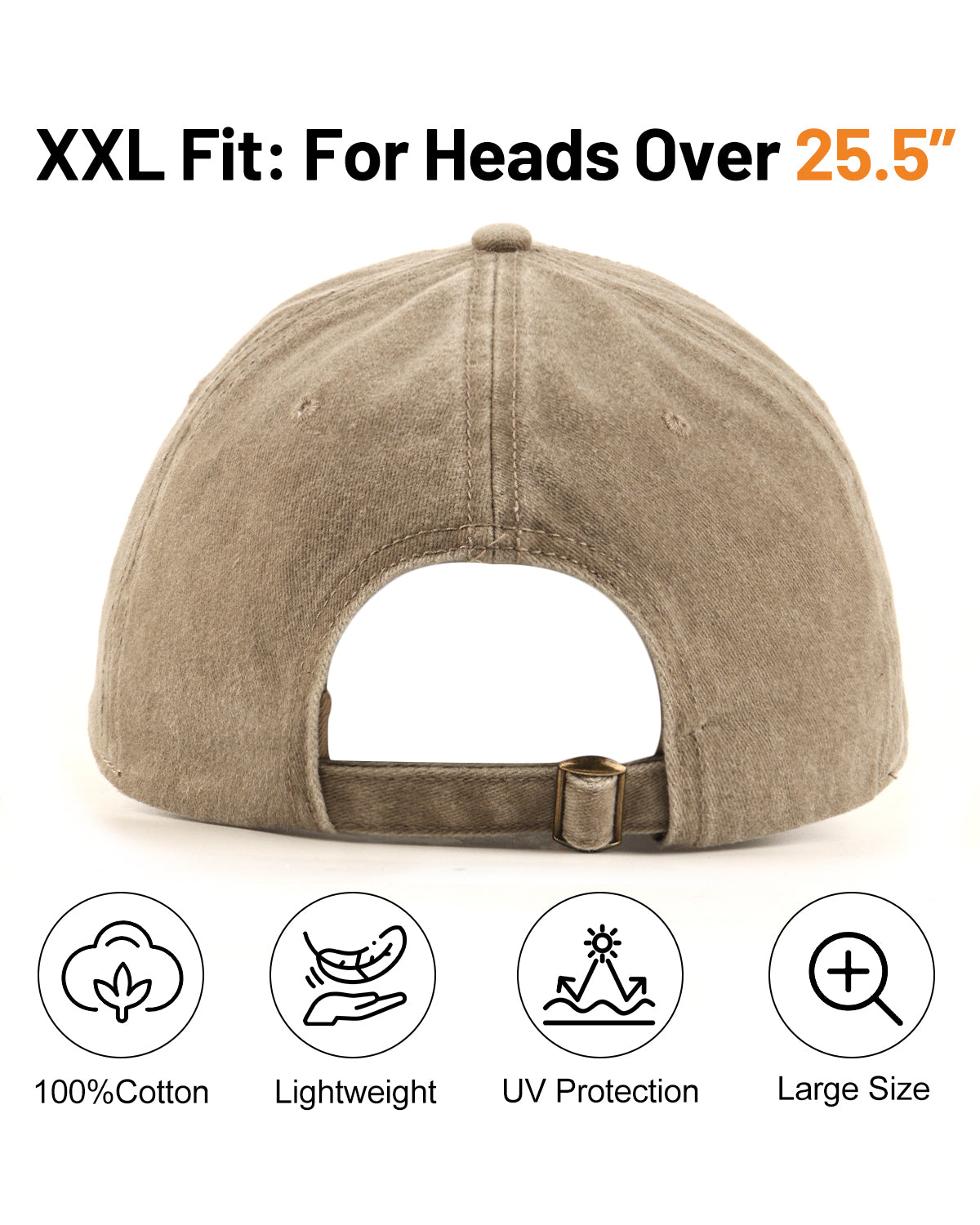 Khaki washed denim baseball cap for big heads - back view