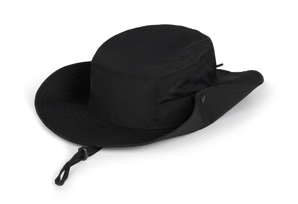 Black quick-dry boonie sun hat for big heads - brim snap button detail