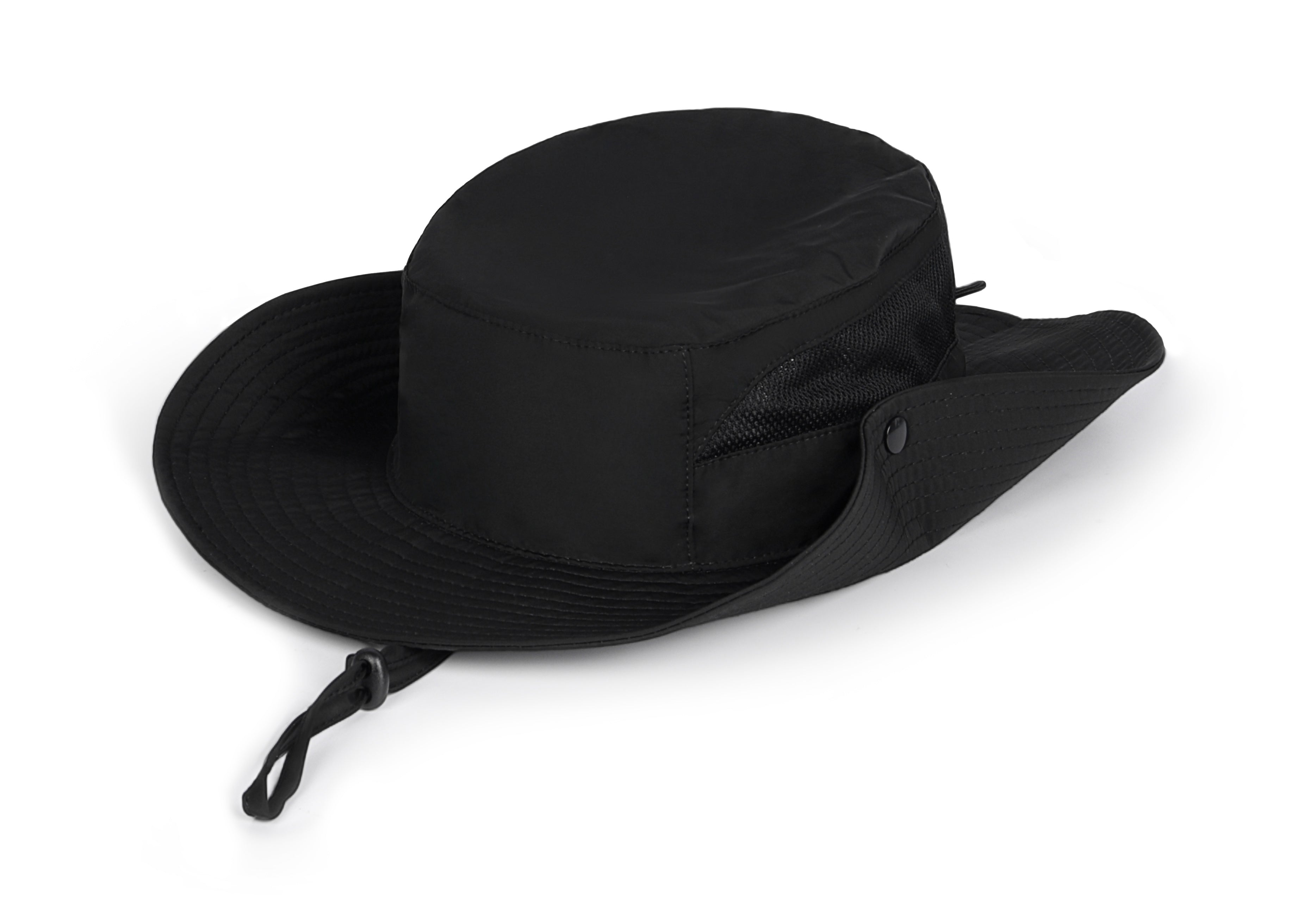 Black quick-dry boonie sun hat for big heads - brim snap button detail