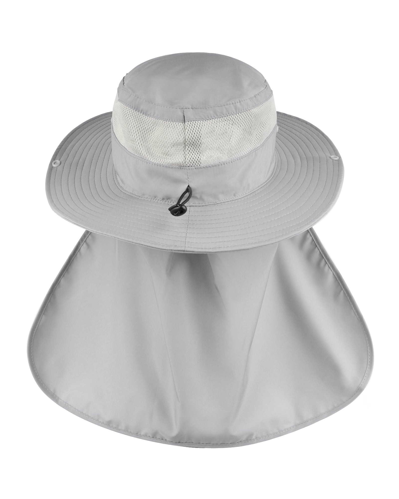 Light gray neck flap sun hat for big heads - back view with neck flap