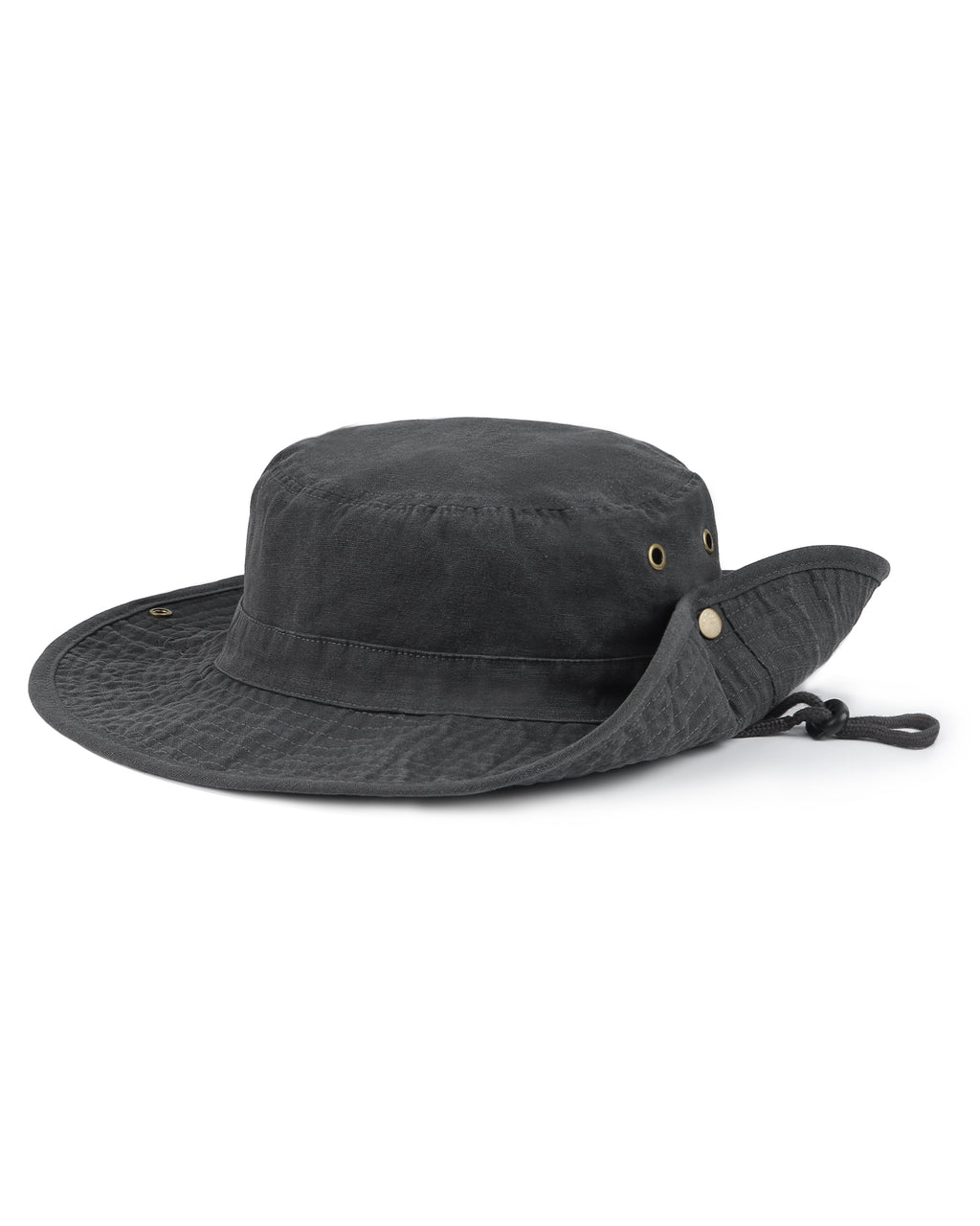 Black washed boonie sun hat for big heads - brim snap button detail