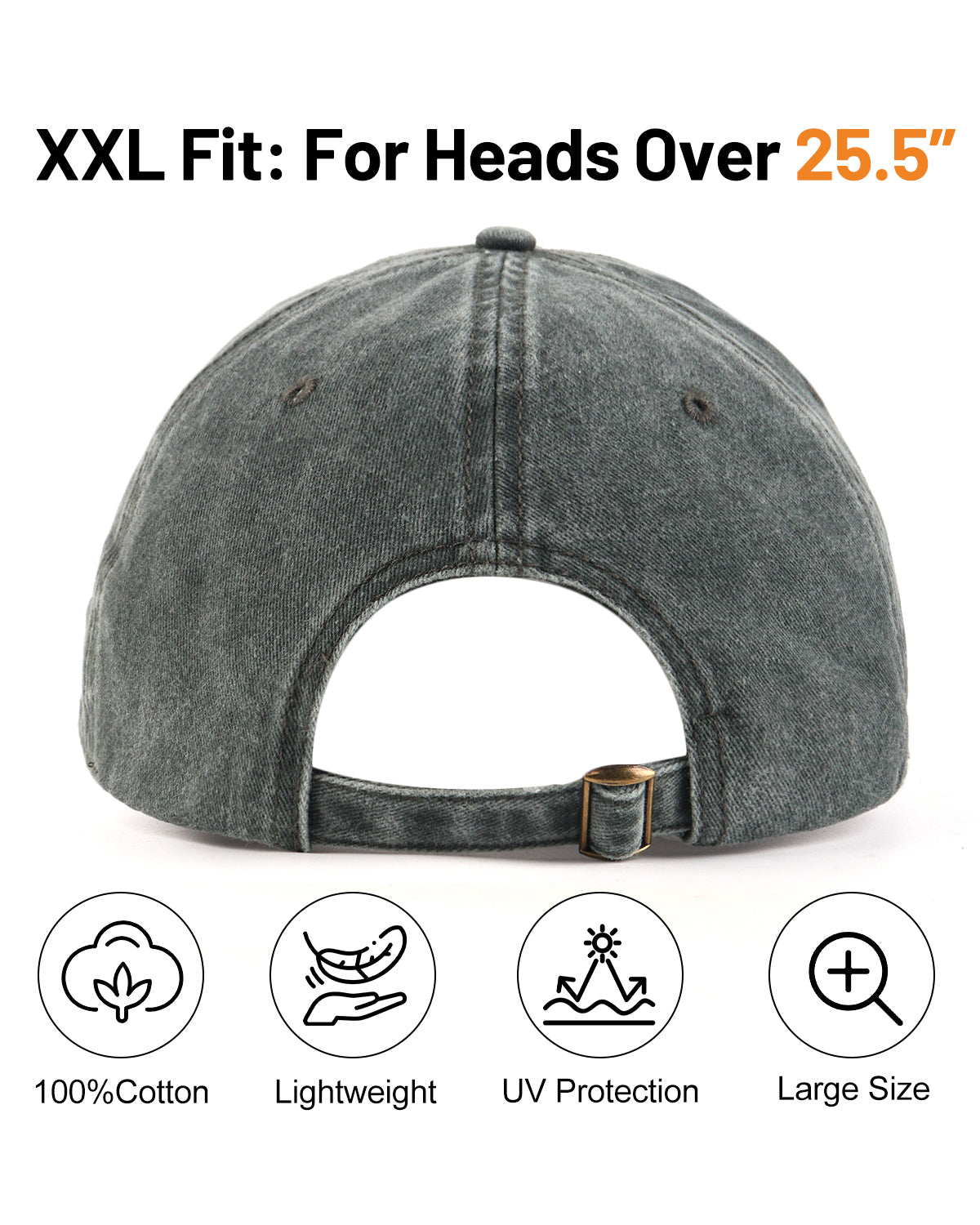 Army green washed denim baseball cap for big heads - back view