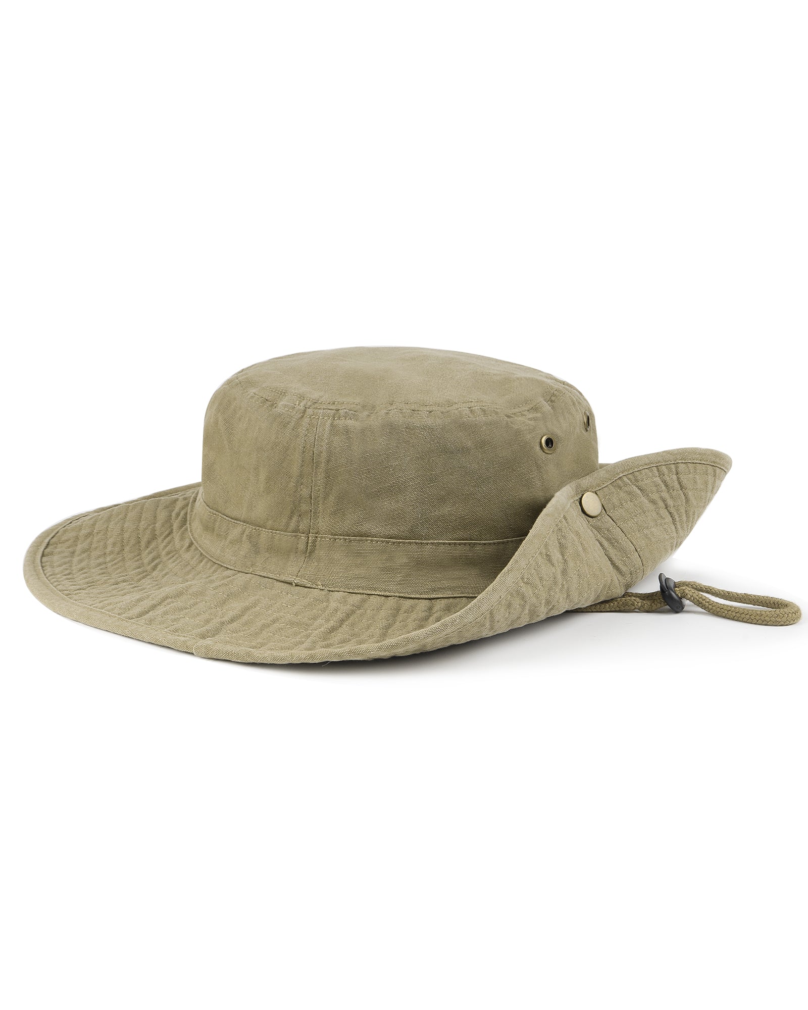 Khaki washed boonie sun hat for big heads - brim snap button detail