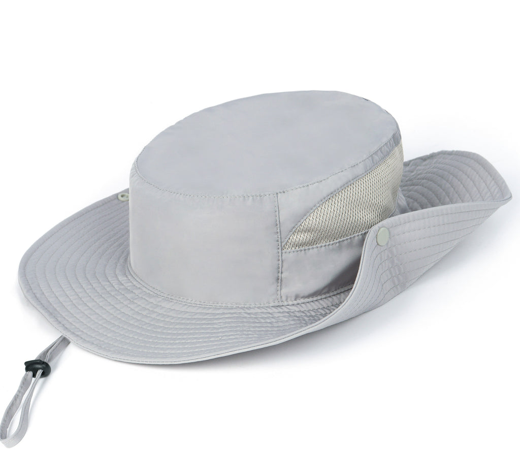 Gray quick-dry boonie sun hat for big heads - brim snap button detail