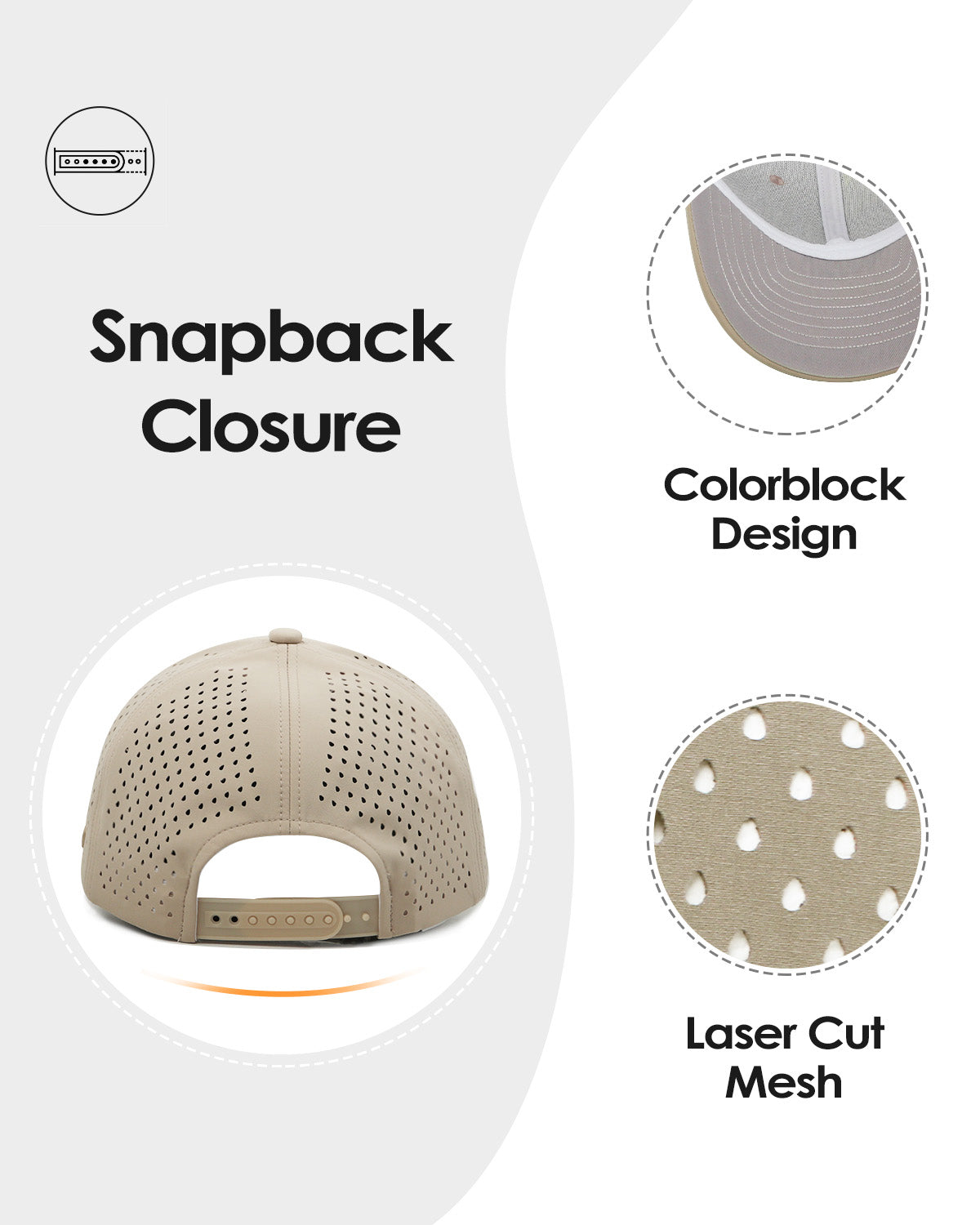 Beige quick-dry laser-cut mesh baseball cap for big heads - back view detail