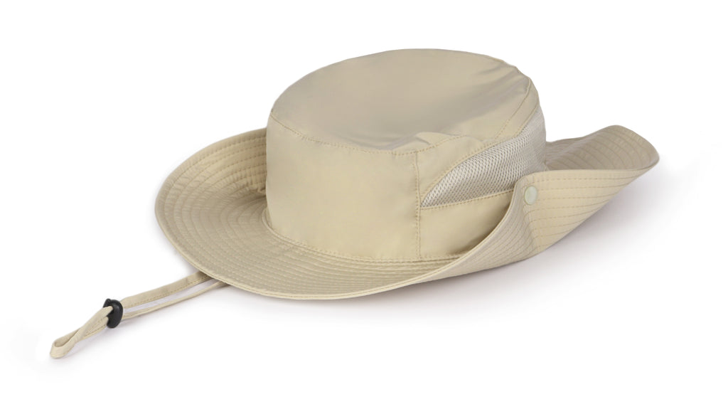 Khaki quick-dry boonie sun hat for big heads - brim snap button detail