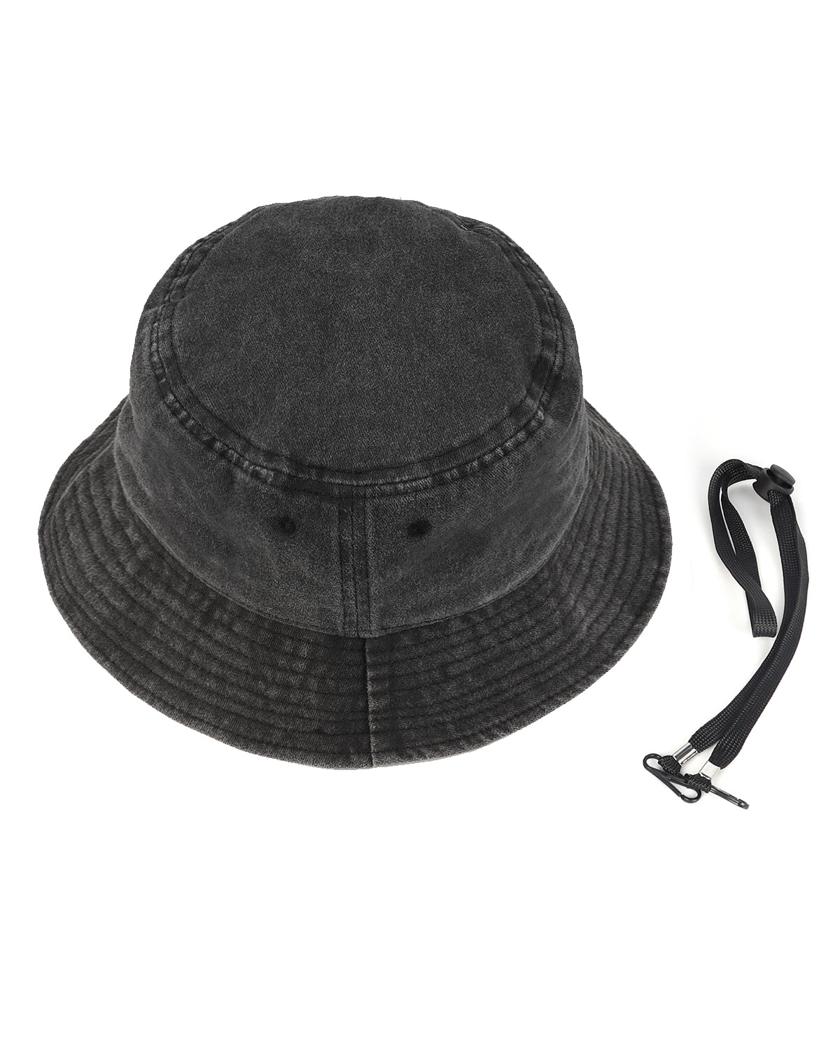 Black cotton washed denim bucket hat for big heads - top crown view