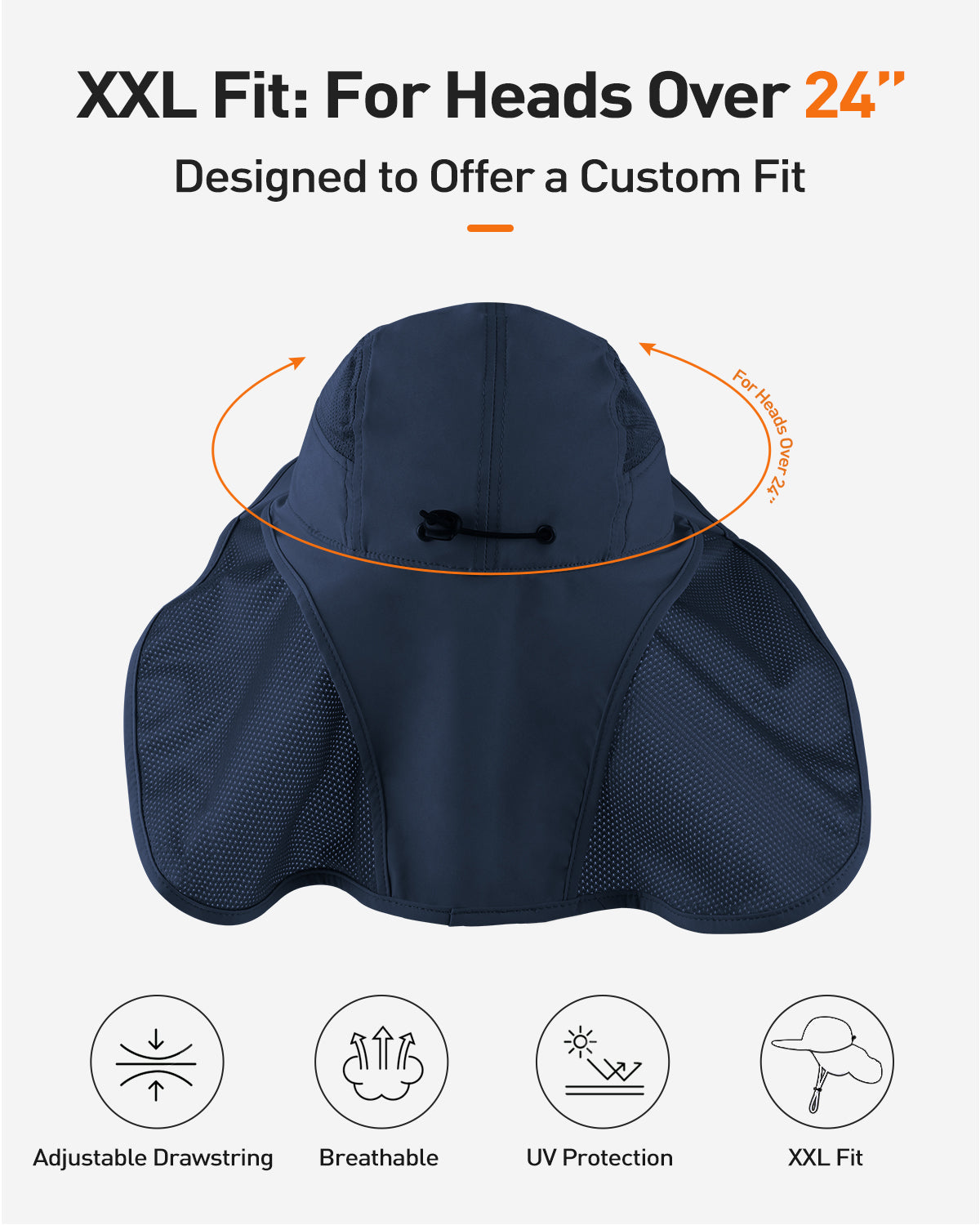 Navy blue sun hat with neck flap back view showing neck protection