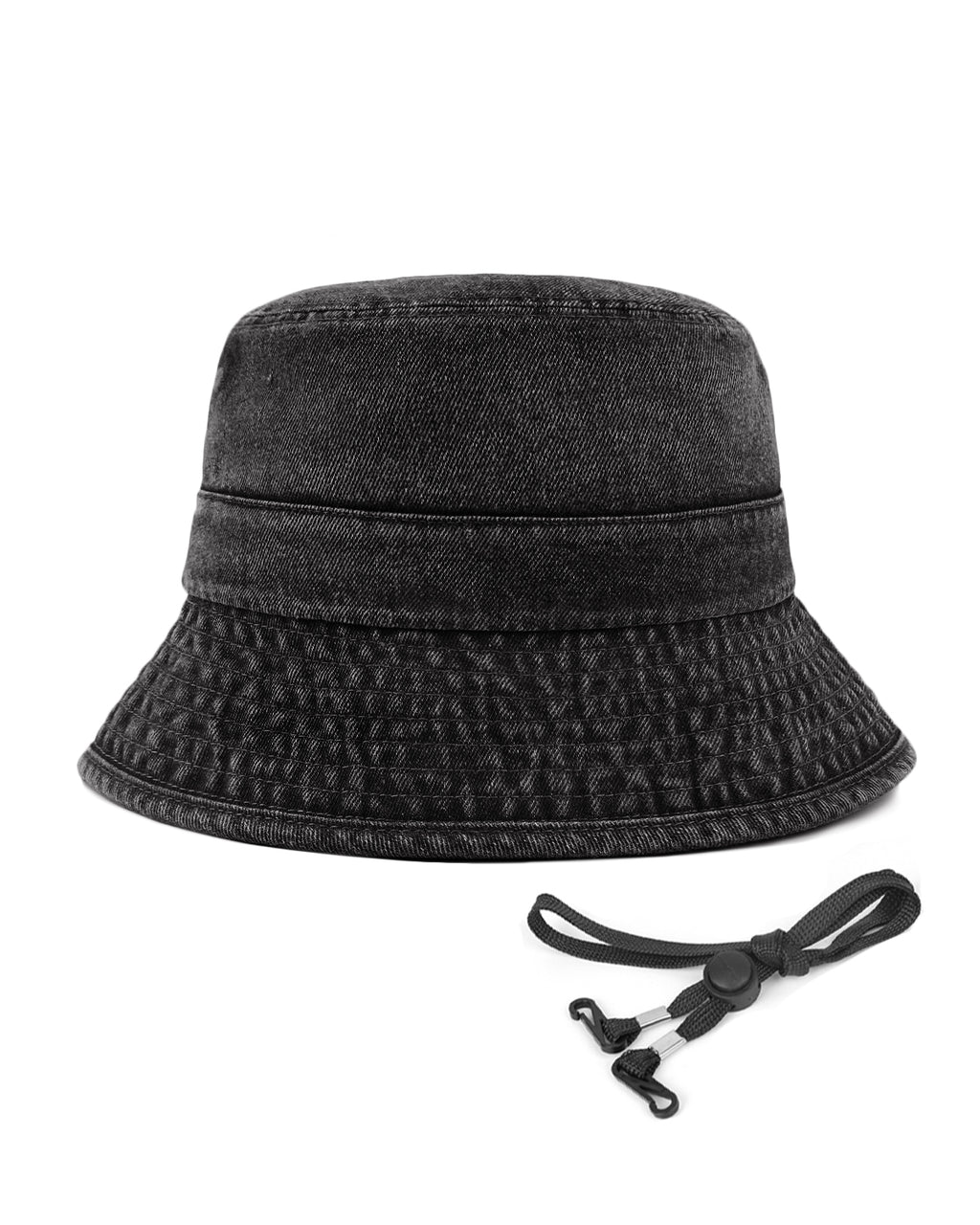 Black denim bucket hat with adjustable chin strap drawstring