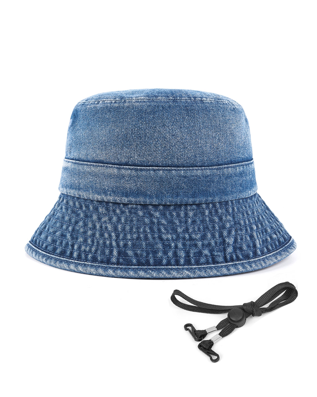 Blue denim bucket hat with adjustable chin strap drawstring