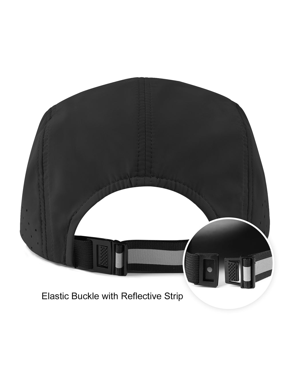 Black quick-dry baseball cap back view showing adjustable strap