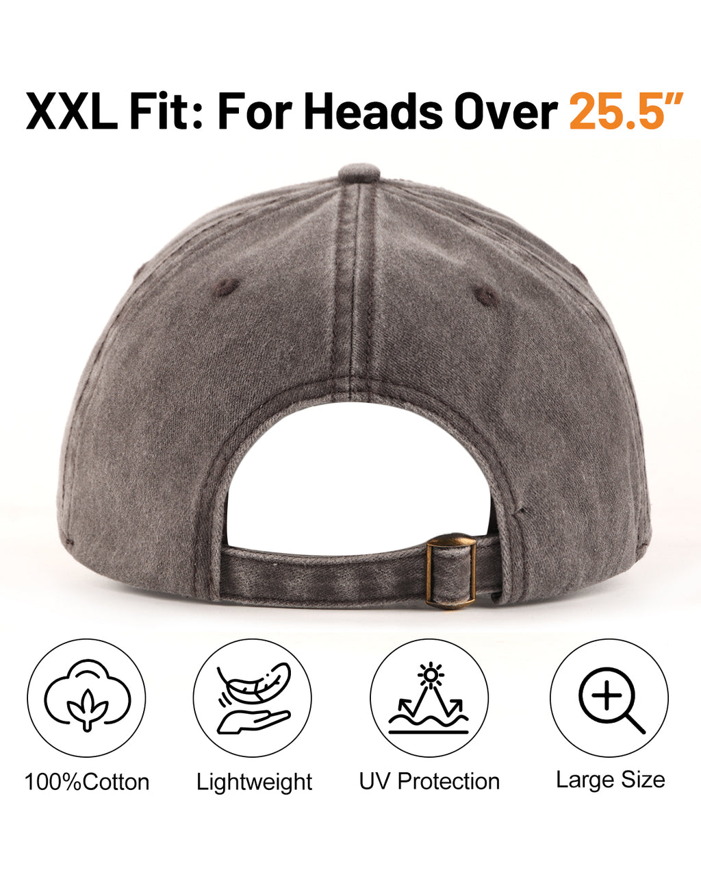 Coffee washed denim baseball cap for big heads - back view