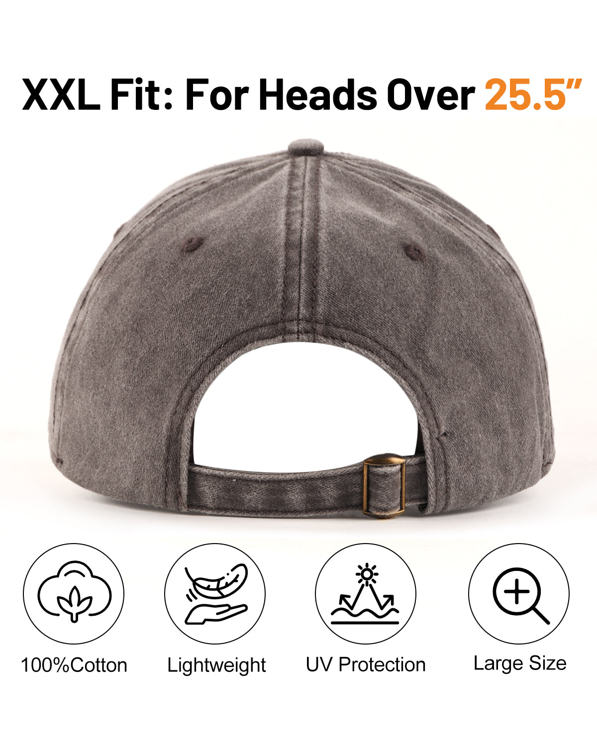 Coffee washed denim baseball cap for big heads - back view