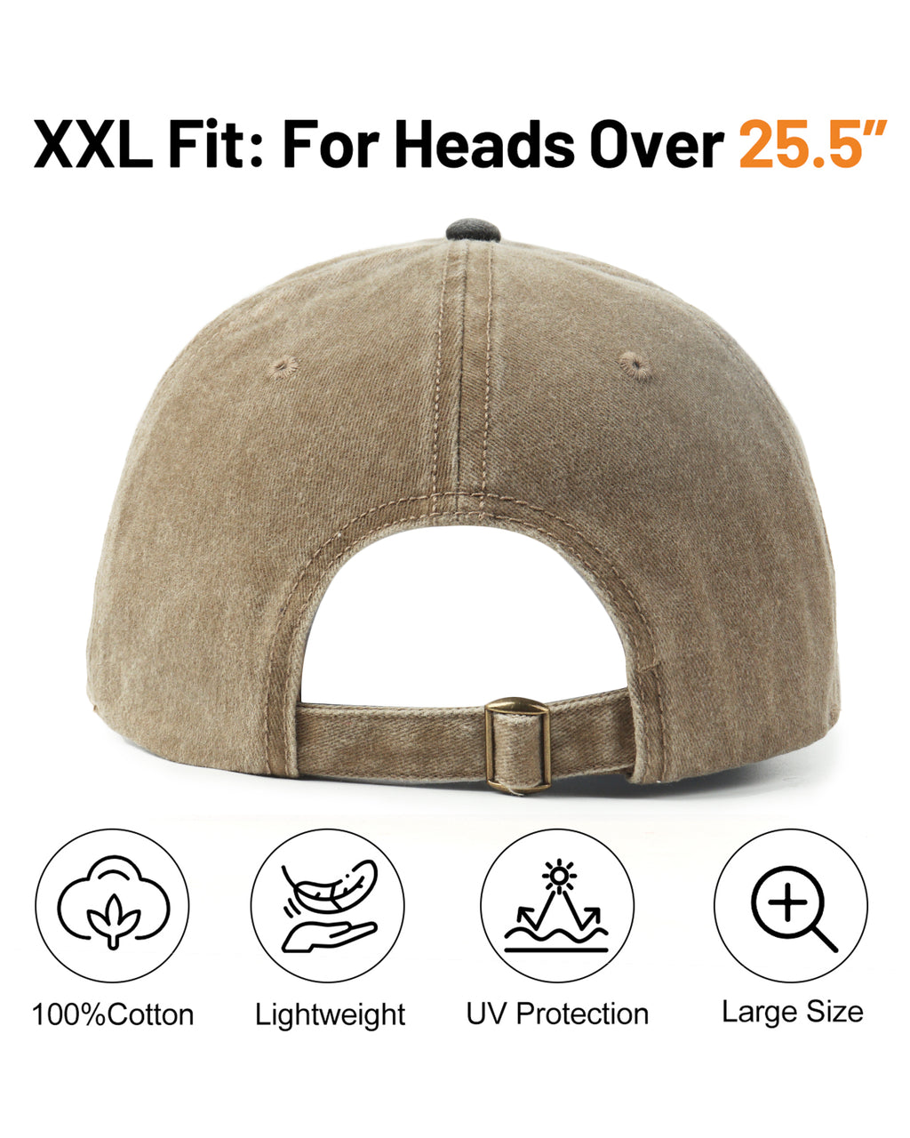 Black khaki two-tone washed low profile baseball cap for big heads - back view