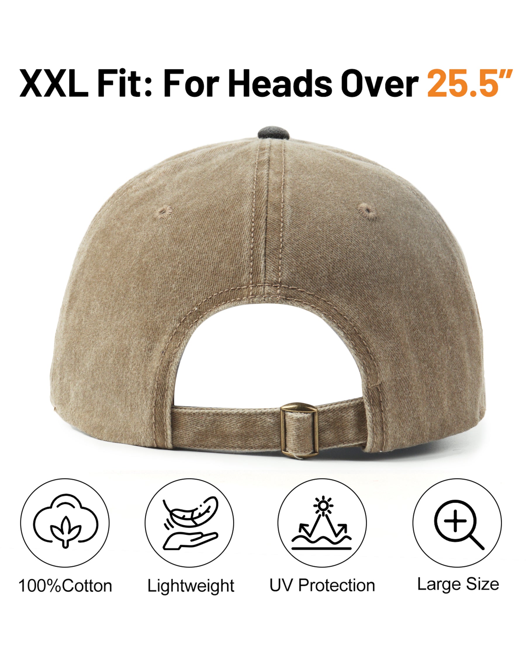 Black khaki two-tone washed low profile baseball cap for big heads - back view