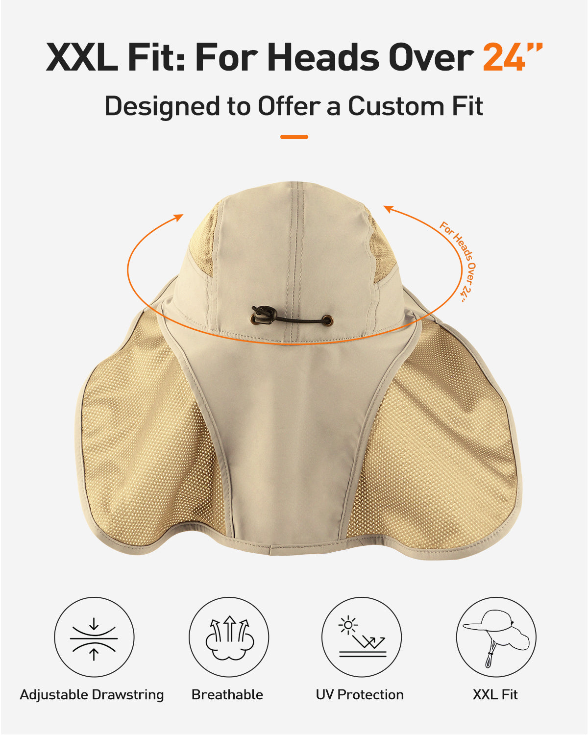 Khaki sun hat with neck flap back view showing neck protection