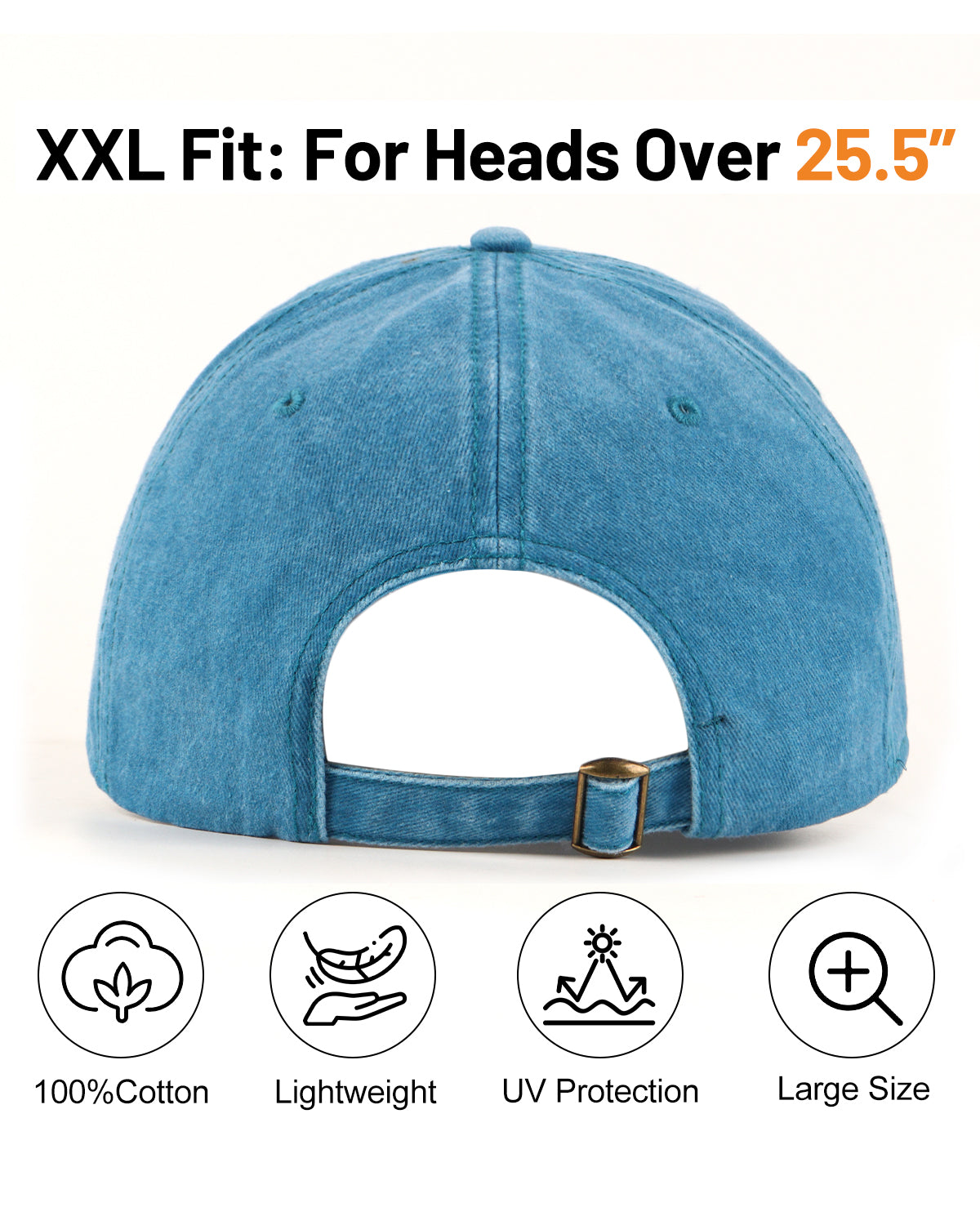 Ink blue washed denim baseball cap for big heads - back view