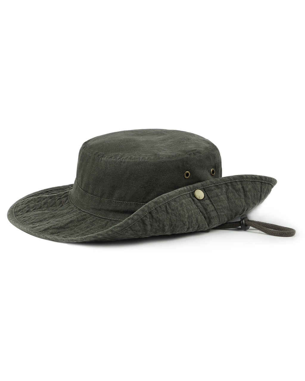 Army green washed boonie sun hat for big heads - brim snap button detail