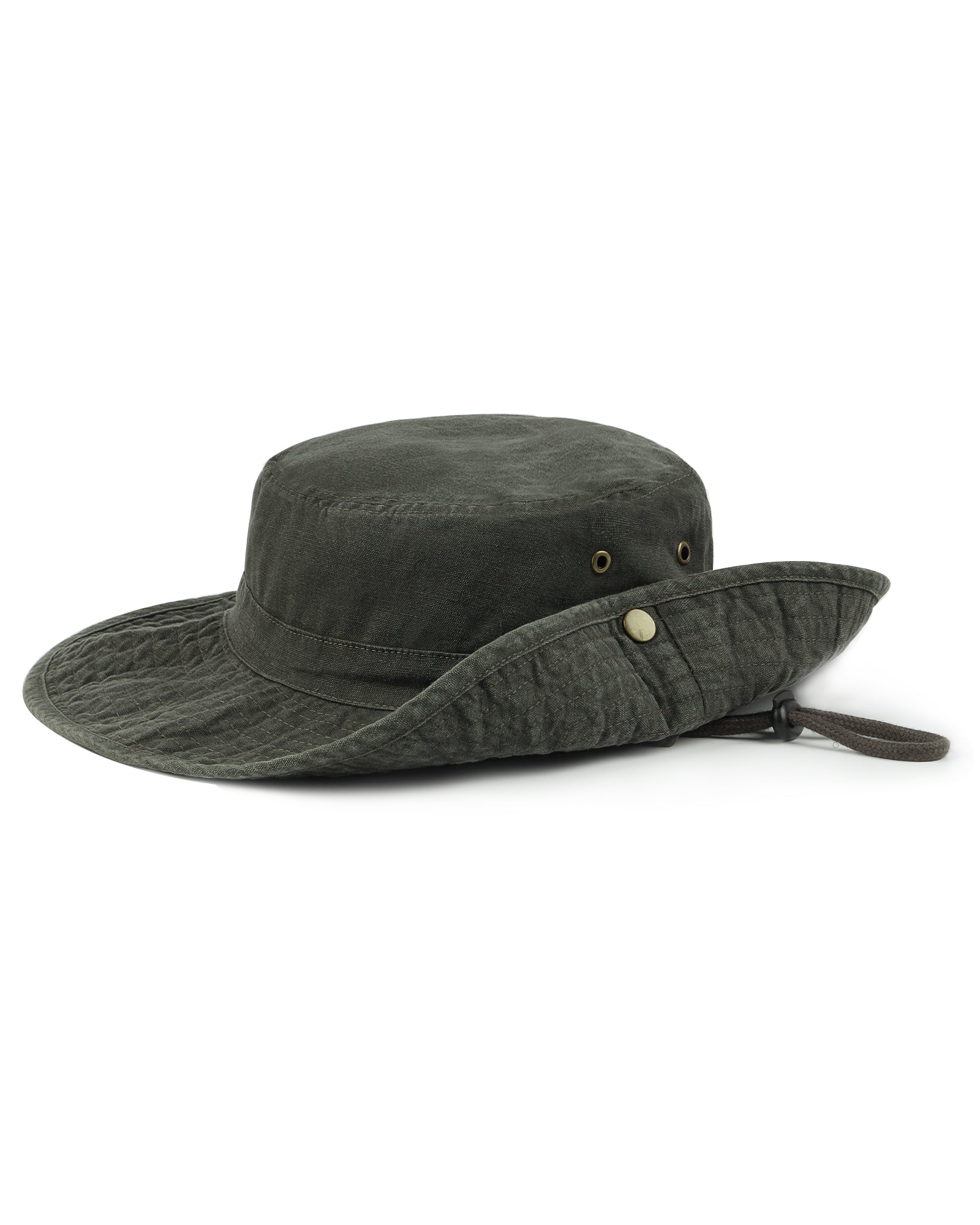Army green washed boonie sun hat for big heads - brim snap button detail