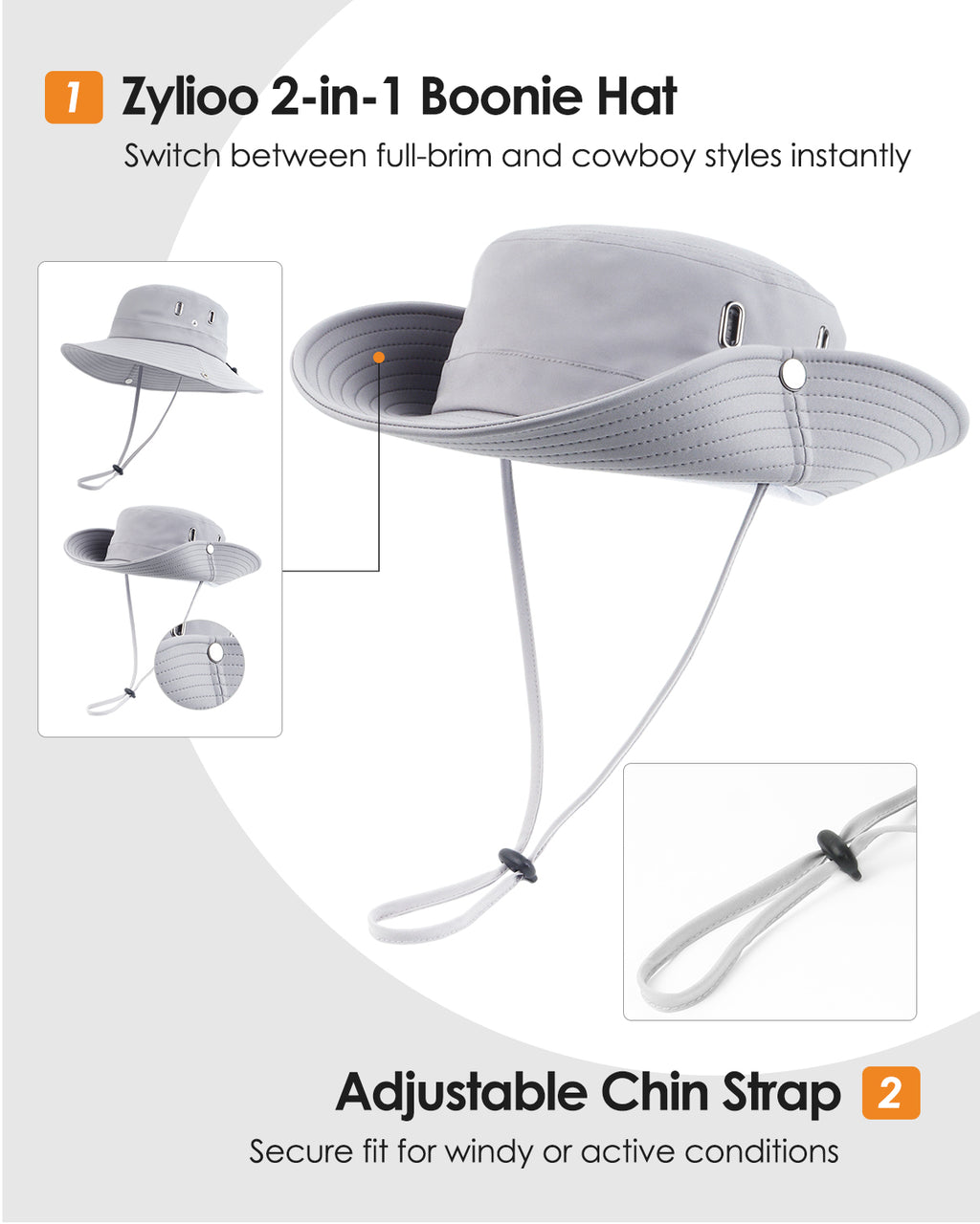 Grey waterproof boonie hat for big heads - adjustable chin strap windproof detail