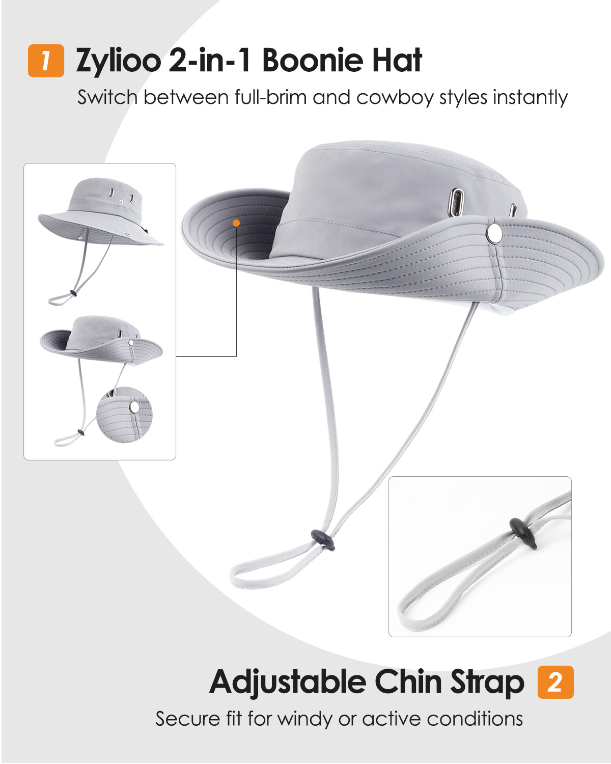 Grey waterproof boonie hat for big heads - adjustable chin strap windproof detail