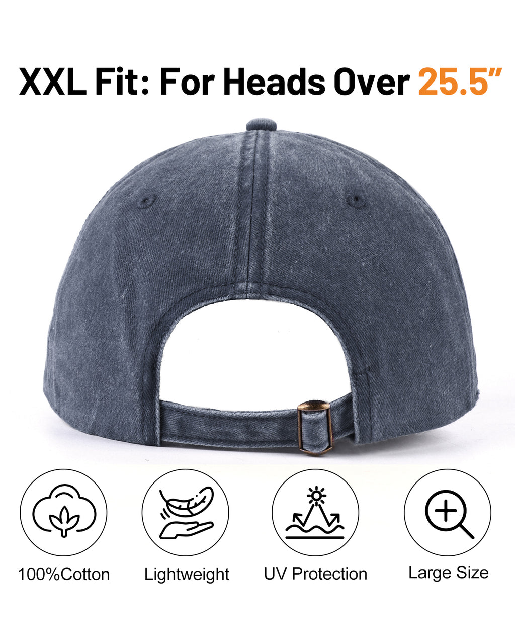 Navy blue washed denim baseball cap for big heads - back view