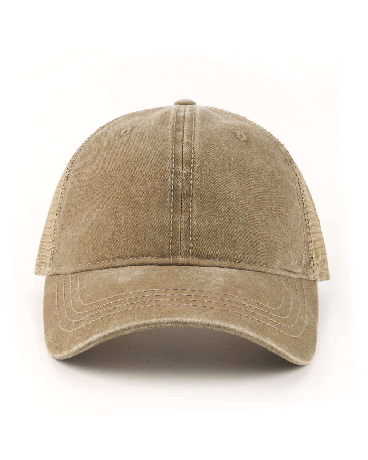 Khaki cooling mesh washed trucker hat for big heads - front view
