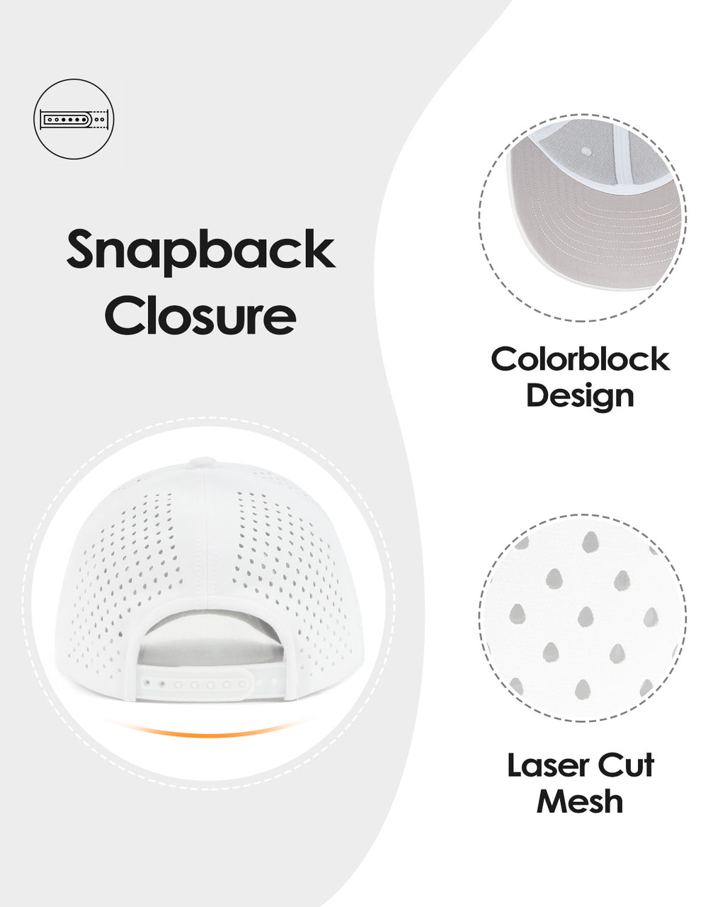 White quick-dry laser-cut mesh baseball cap for big heads - back view detail