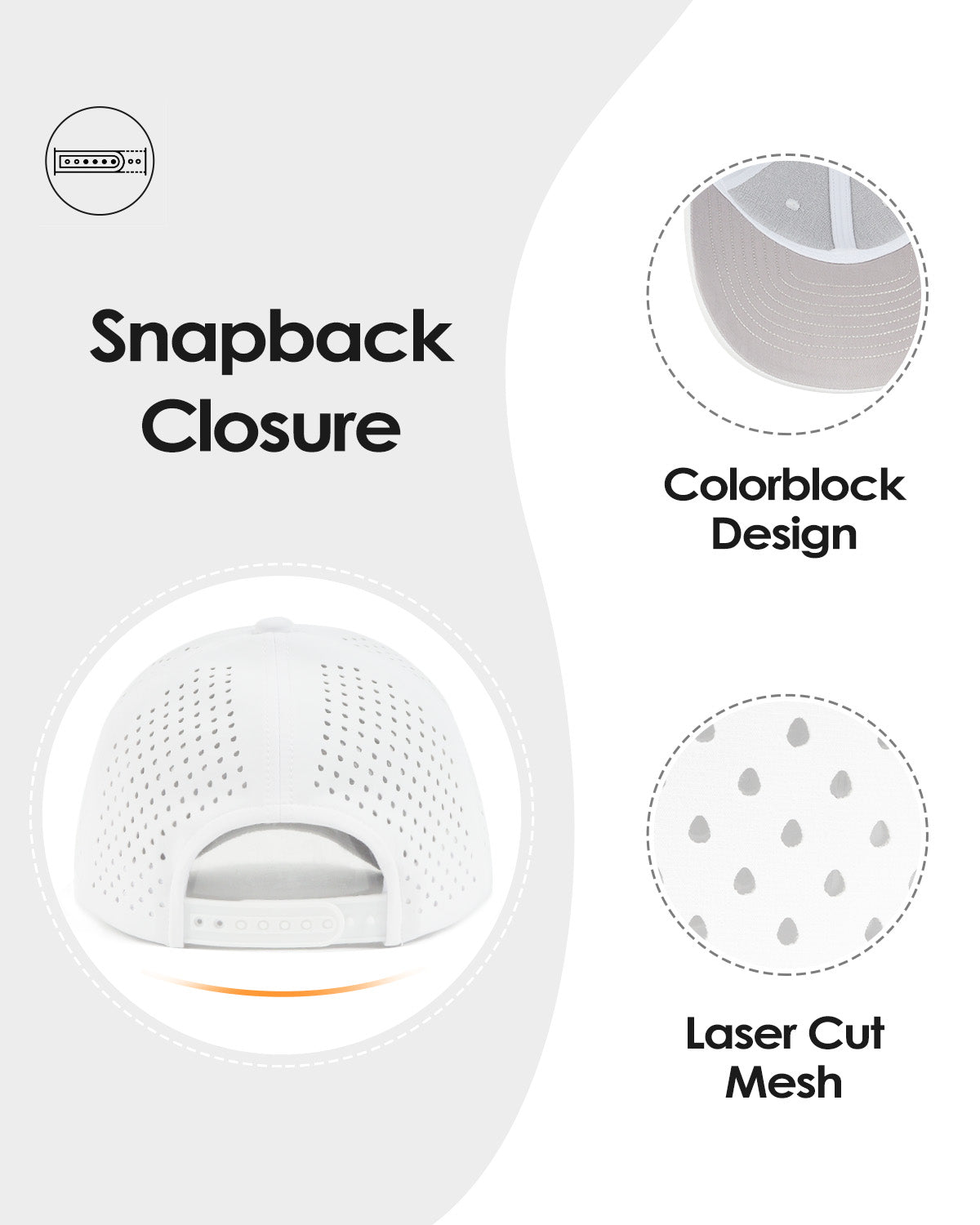 White quick-dry laser-cut mesh baseball cap for big heads - back view detail