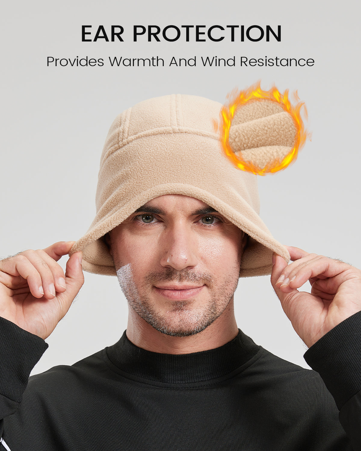 Beige thermal skull cap with face cover for big heads - on model lifestyle photo