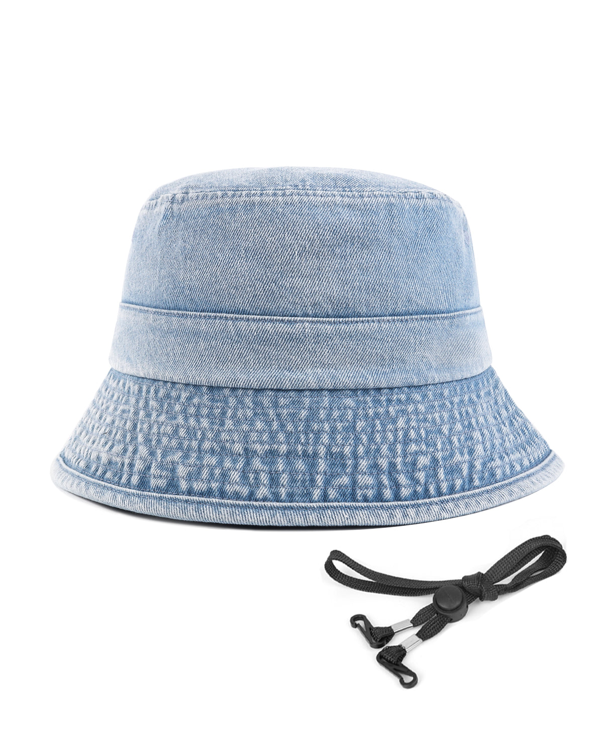 Light blue denim bucket hat with adjustable chin strap drawstring