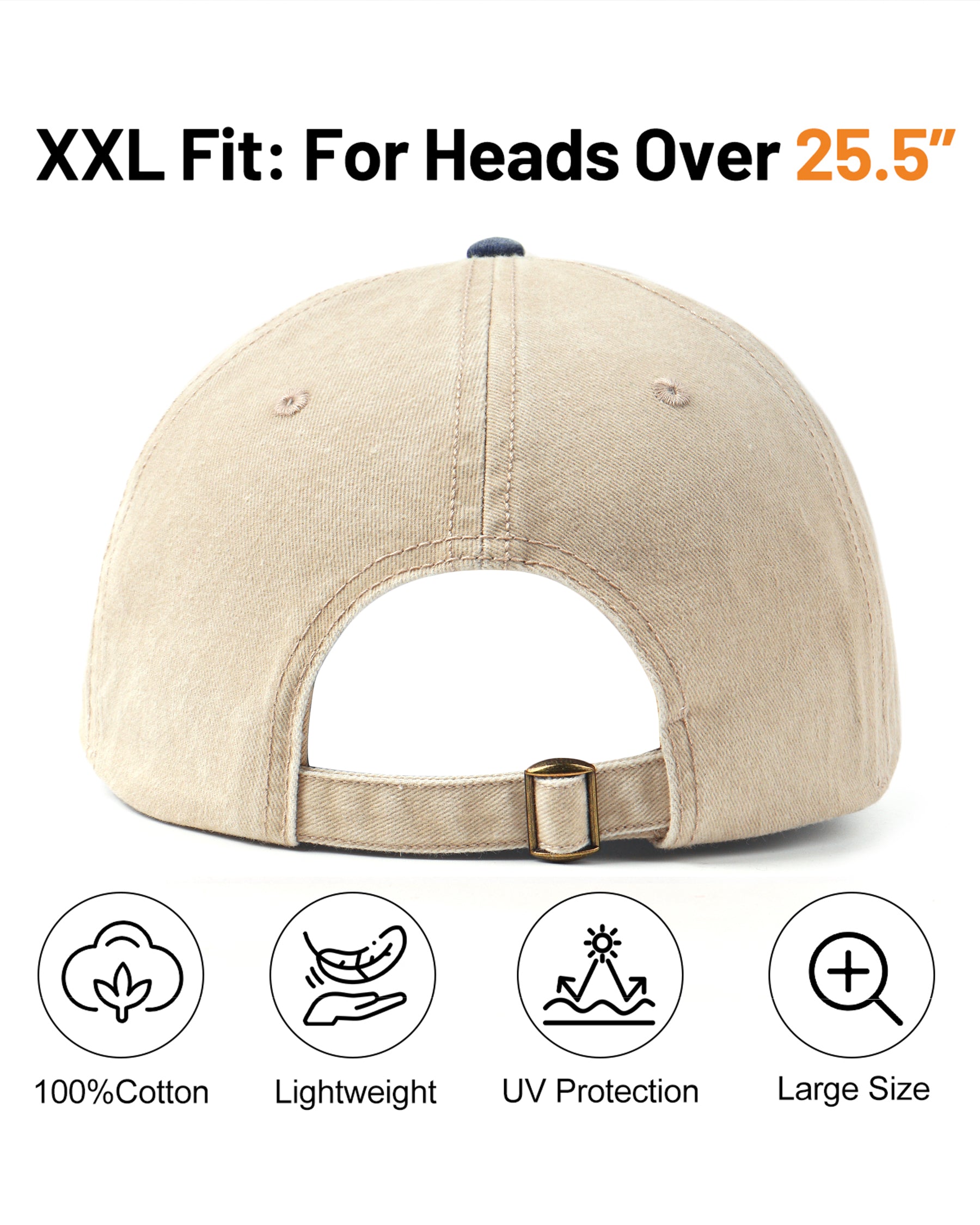 Beige navy two-tone washed low profile baseball cap for big heads - back view