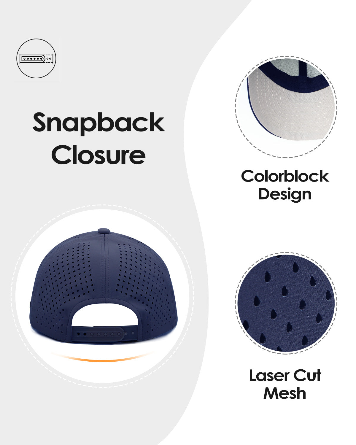 Navy quick-dry laser-cut mesh baseball cap for big heads - back view detail