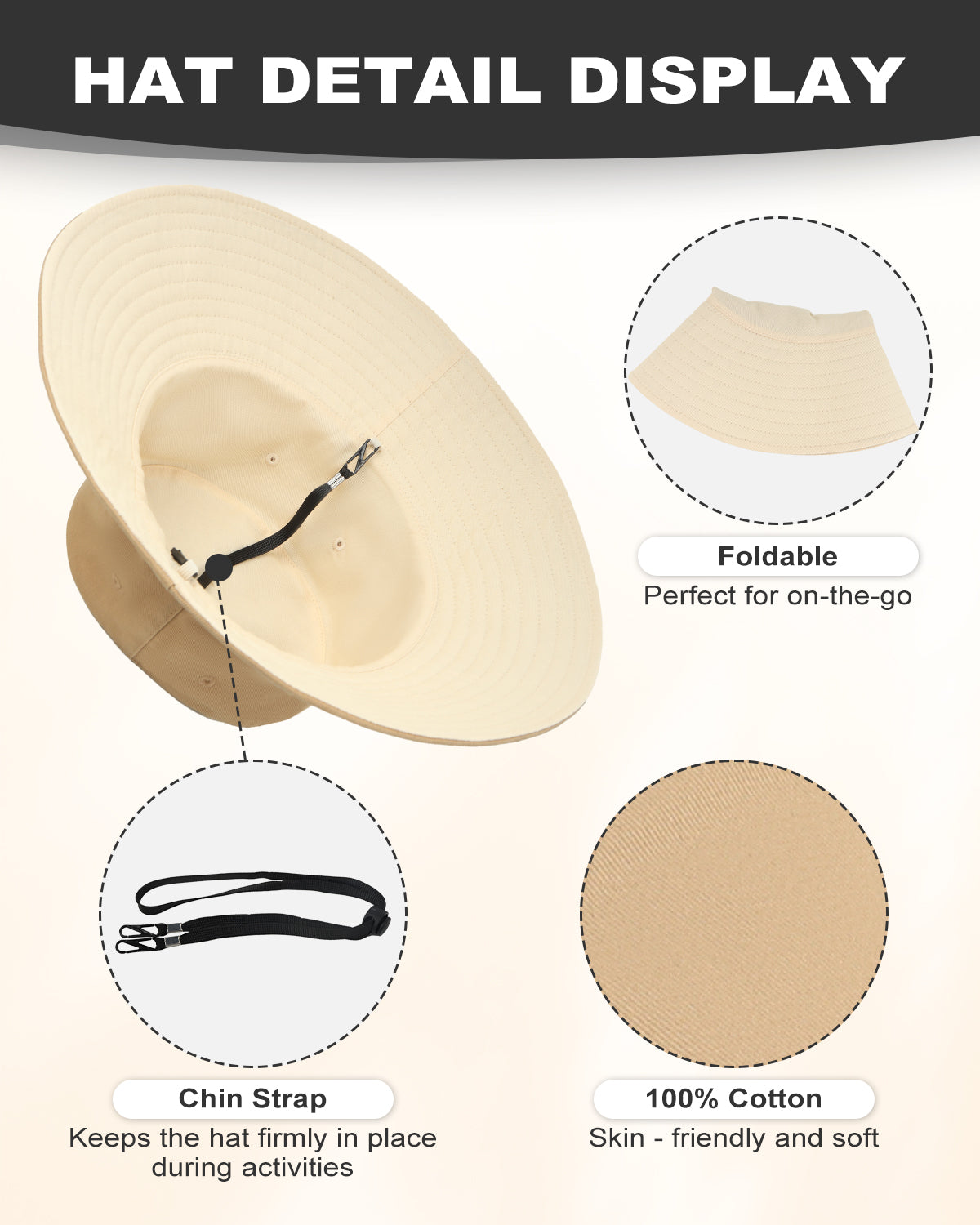 Khaki wide brim bucket hat for big heads - interior sweatband detail