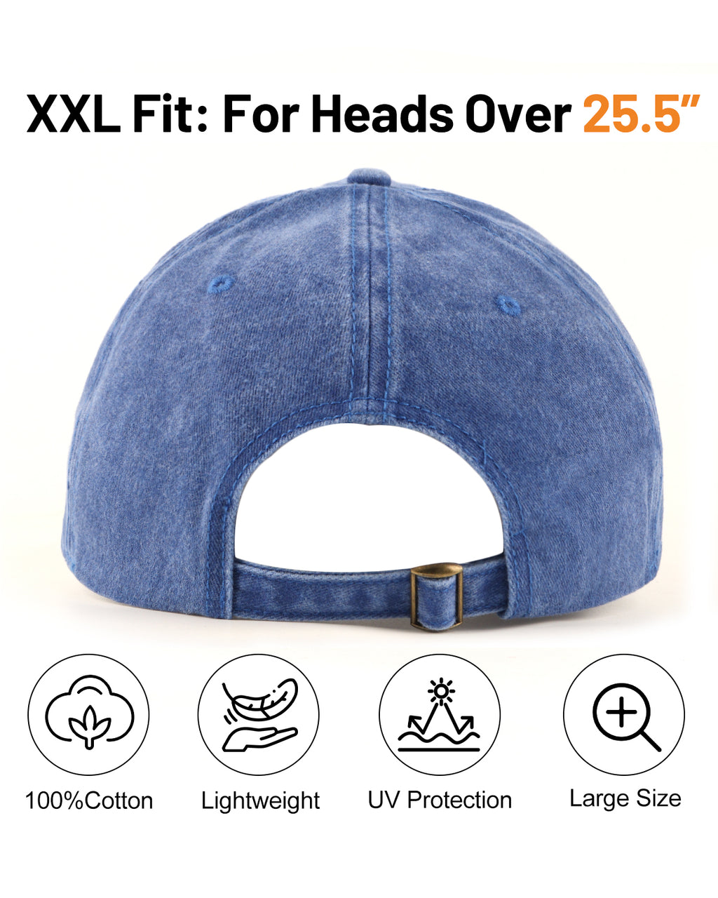 Blue washed denim baseball cap for big heads - back view