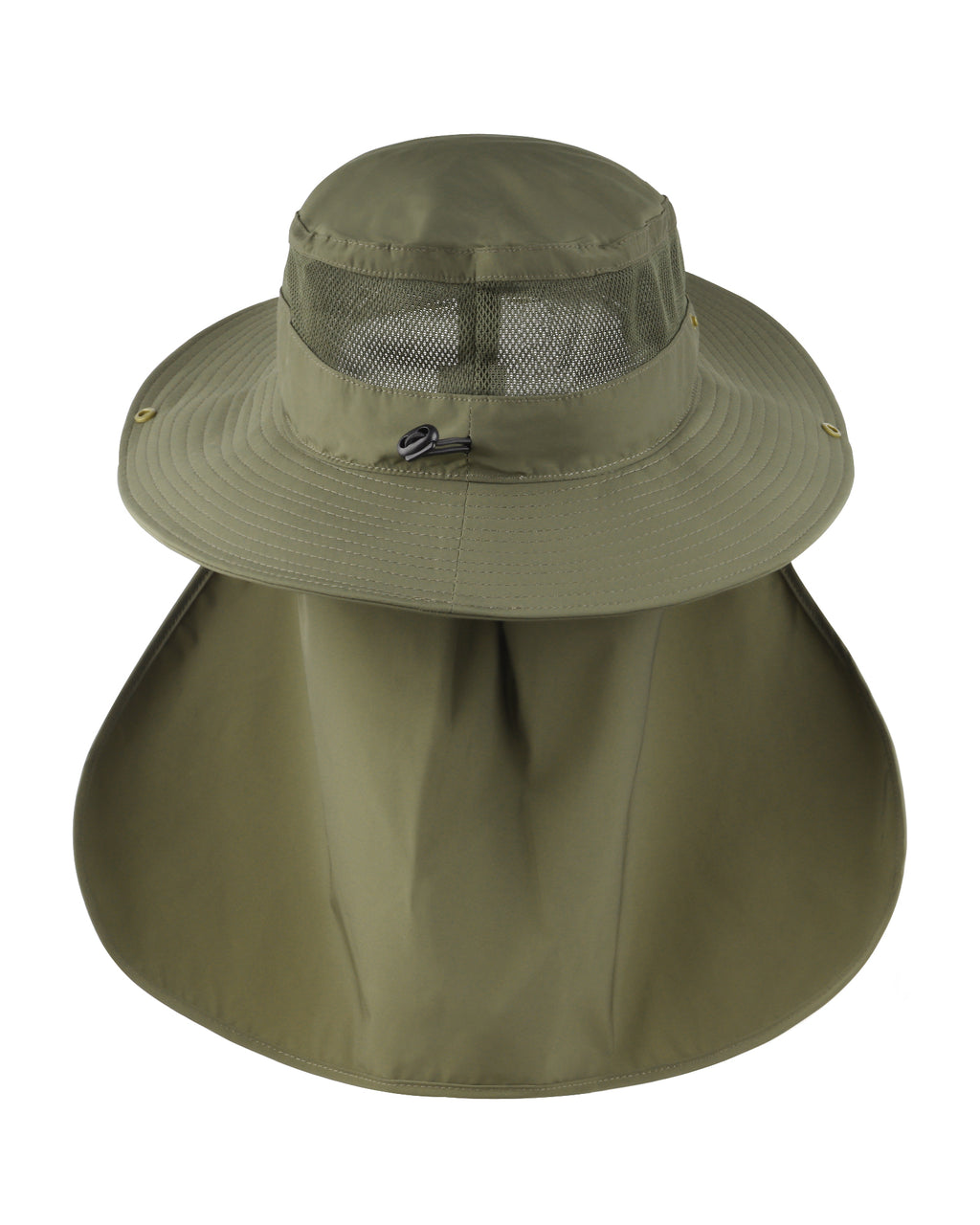 Army green neck flap sun hat for big heads - back view with neck flap