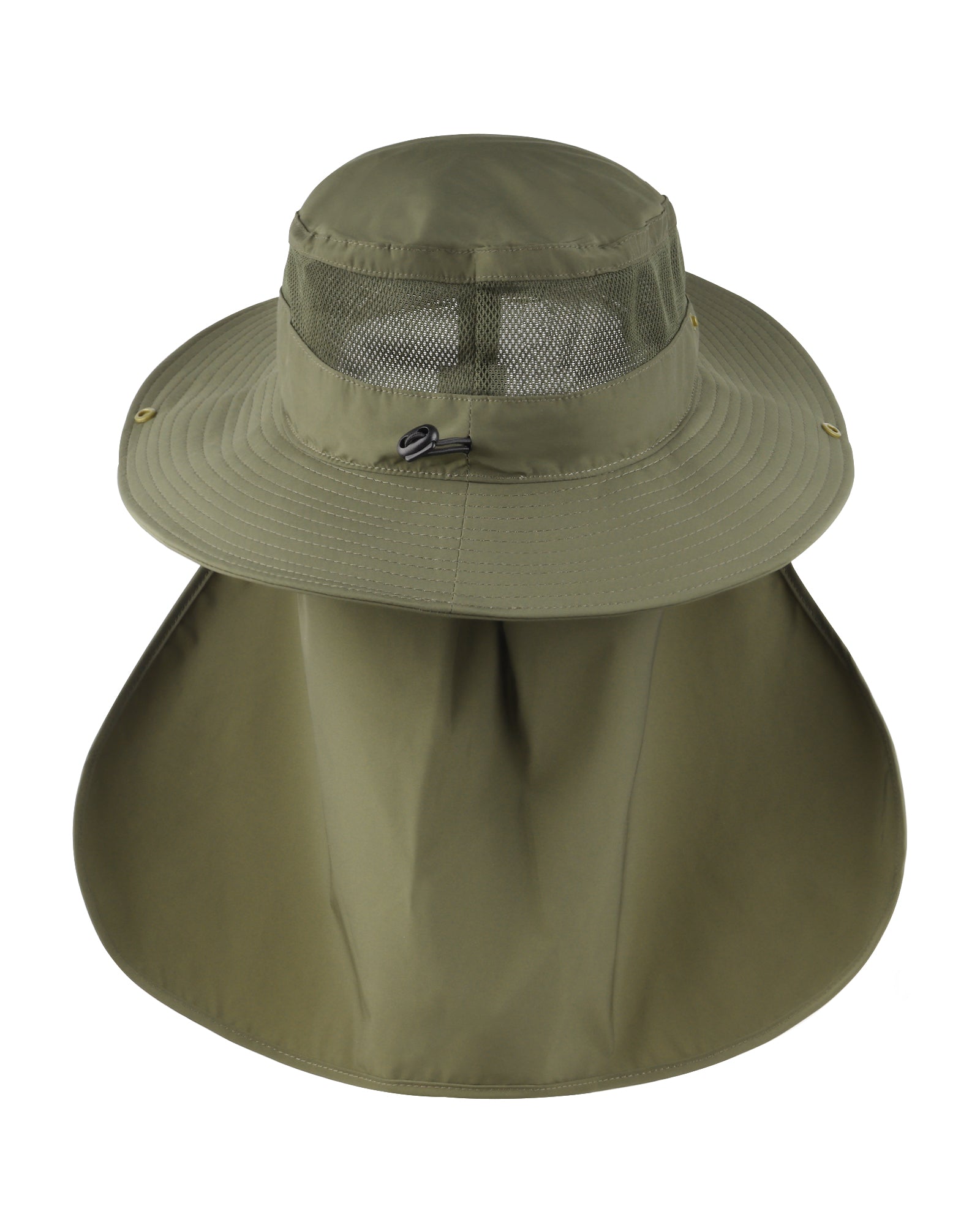 Army green neck flap sun hat for big heads - back view with neck flap