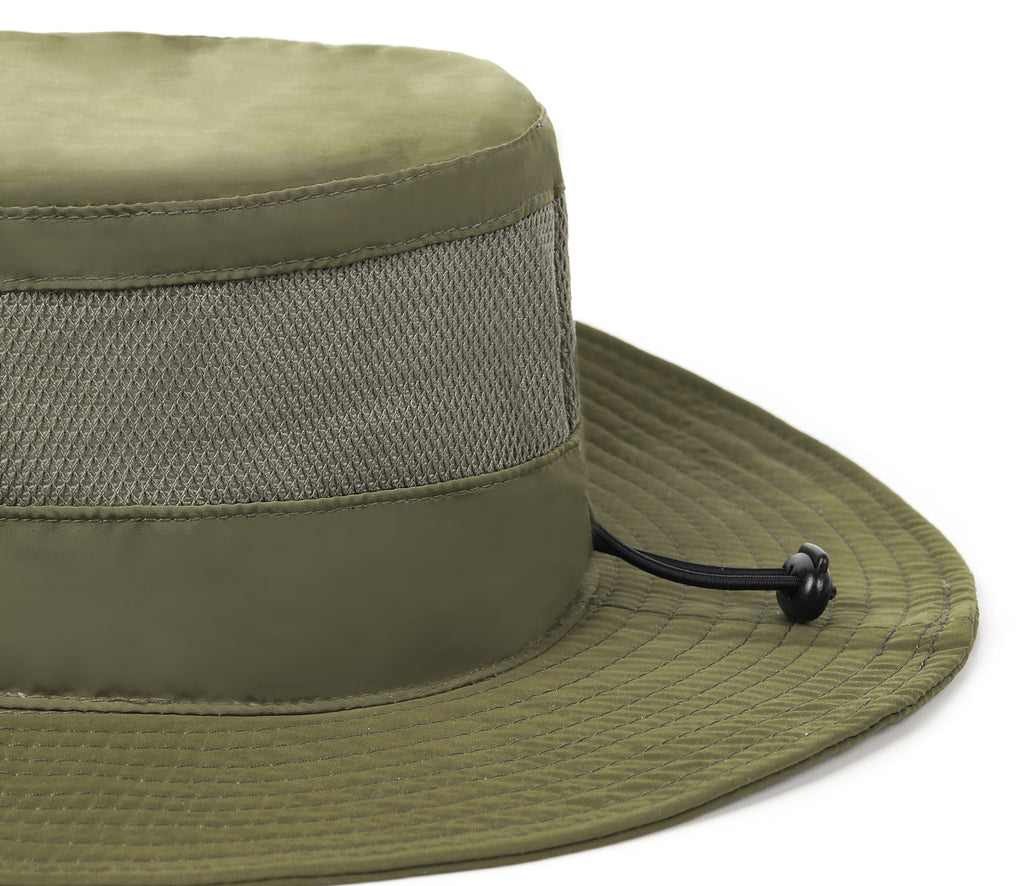 Army green quick-dry boonie sun hat for big heads - adjustable drawstring detail