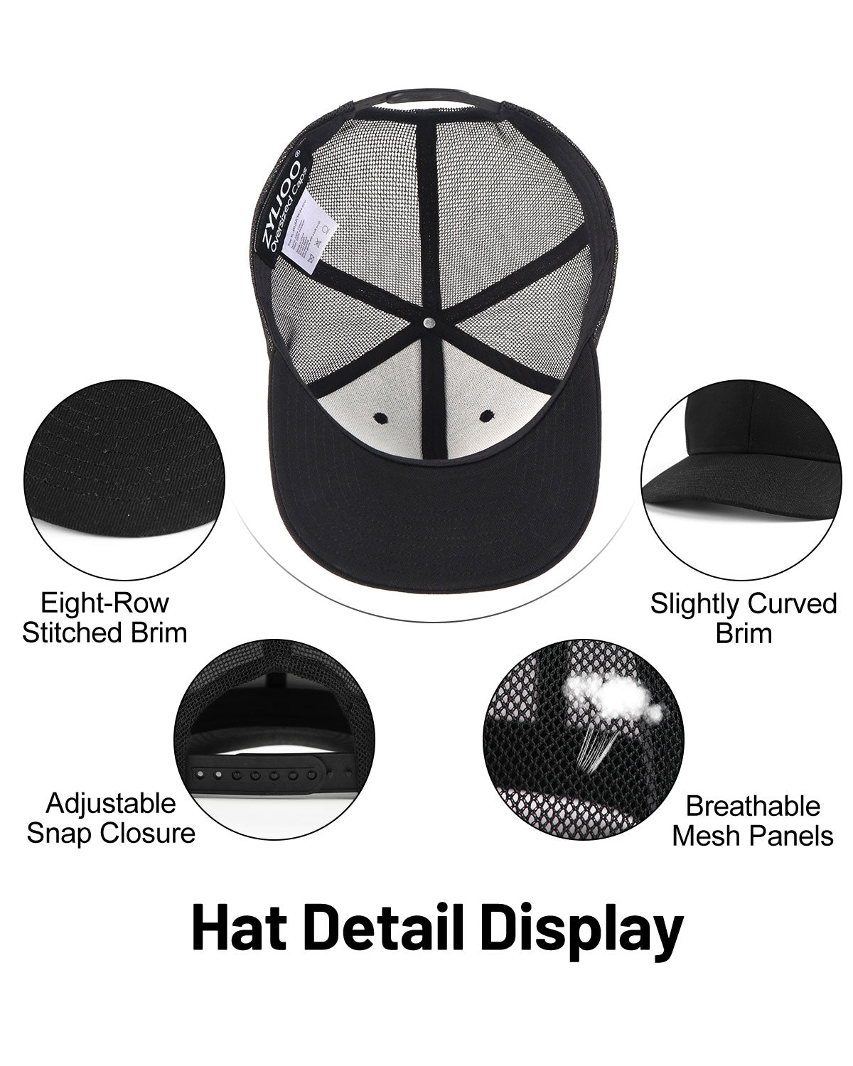 Black mid profile snapback mesh trucker hat for big heads - interior sweatband detail