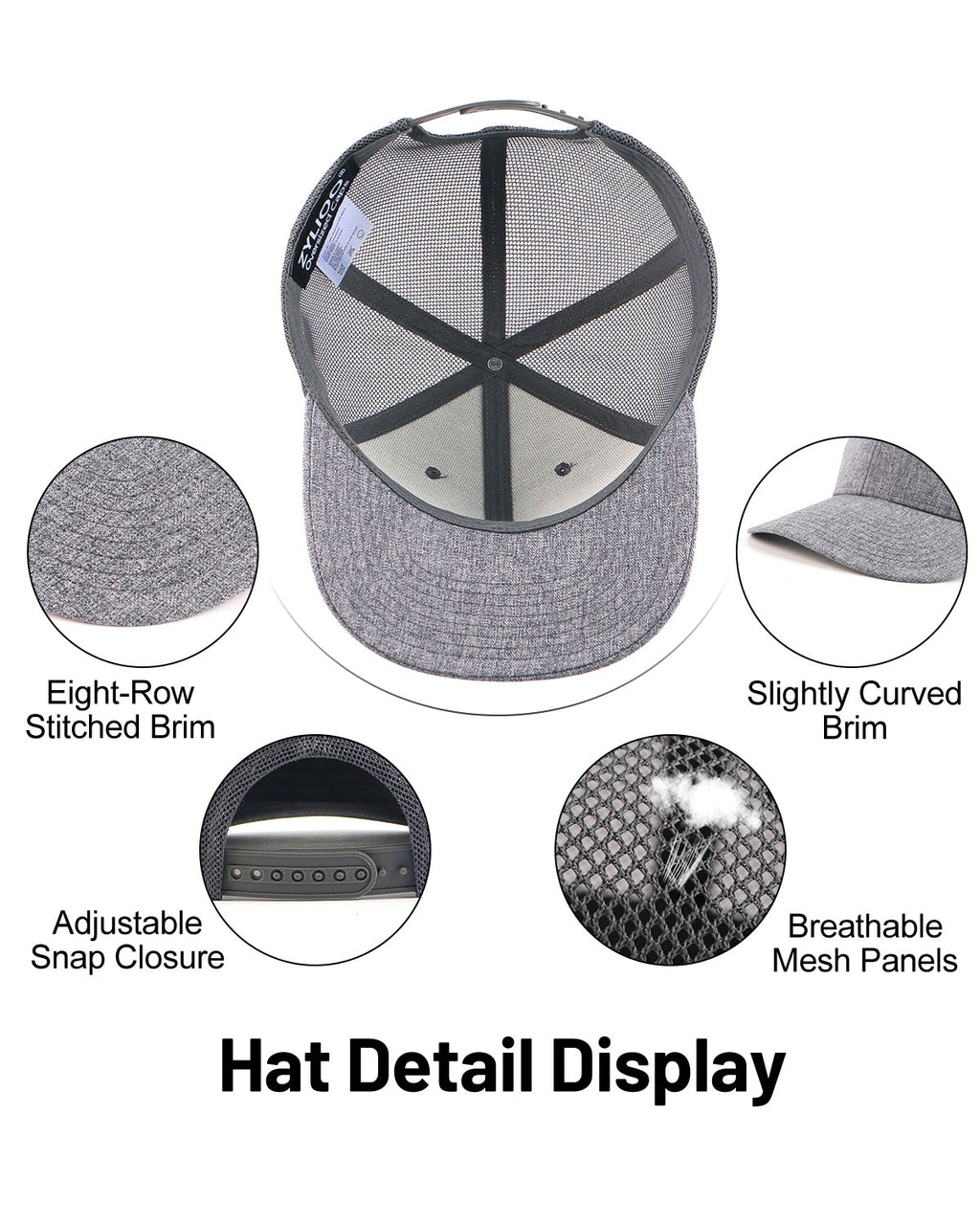 Gray mid profile snapback mesh trucker hat for big heads - interior sweatband detail