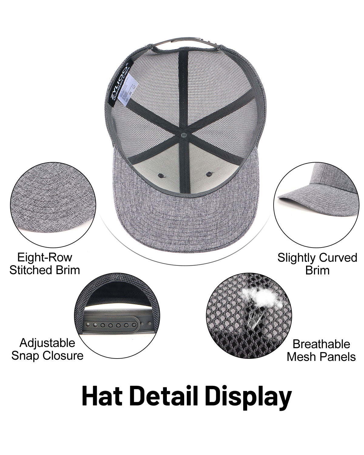 Gray mid profile snapback mesh trucker hat for big heads - interior sweatband detail