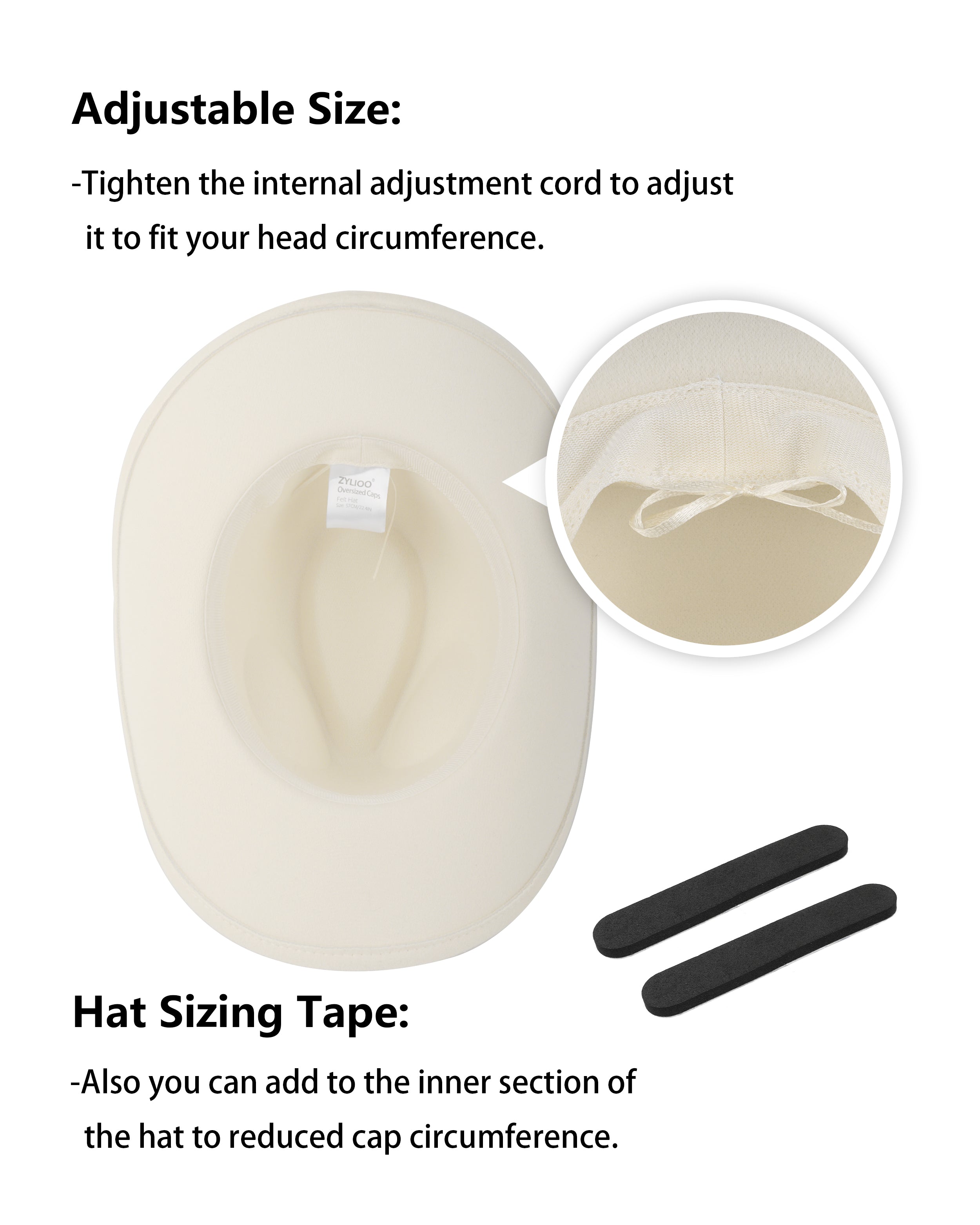 Beige felt cowboy hat for big heads - interior sweatband detail