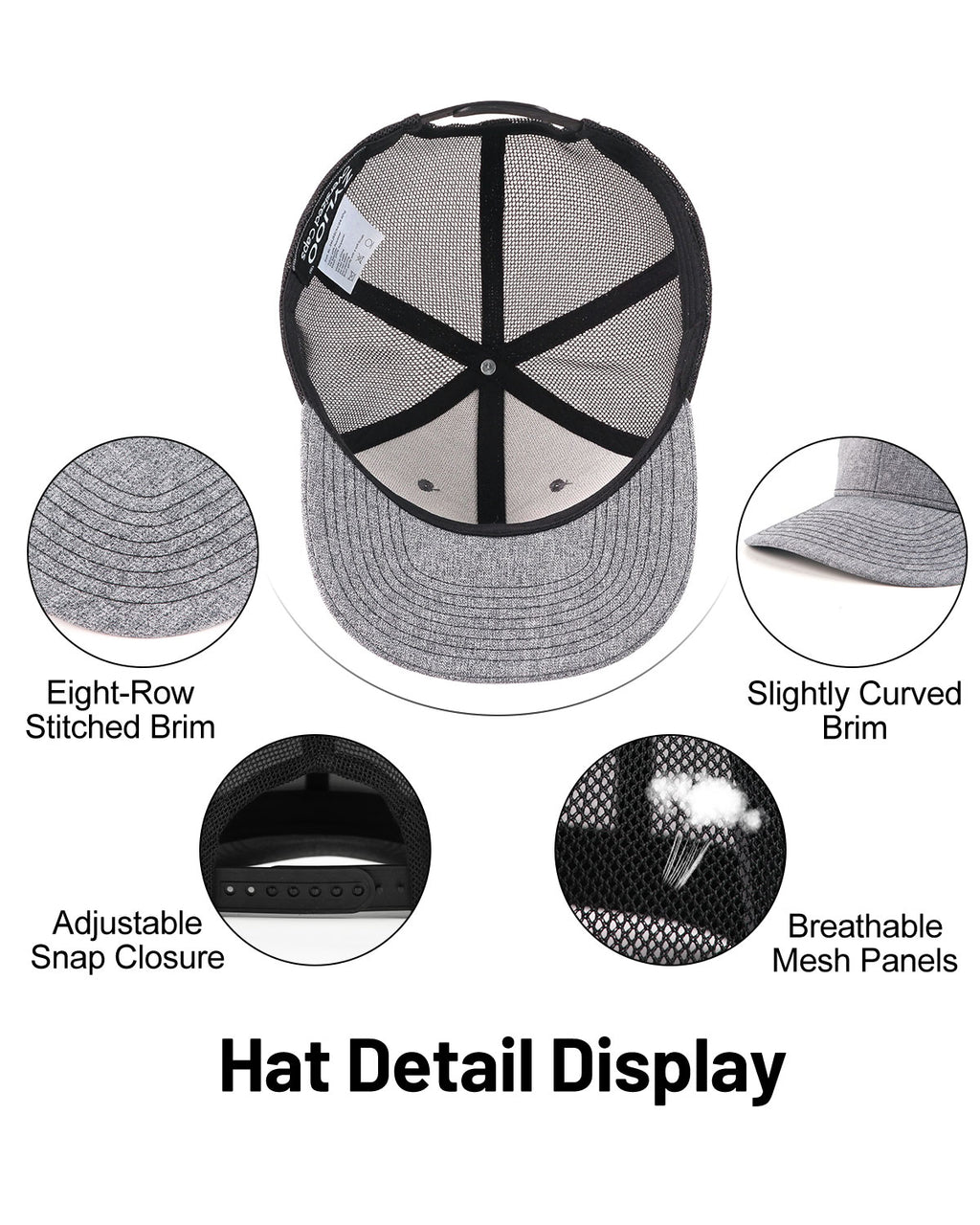 Gray mid profile snapback mesh trucker hat for big heads - interior sweatband detail