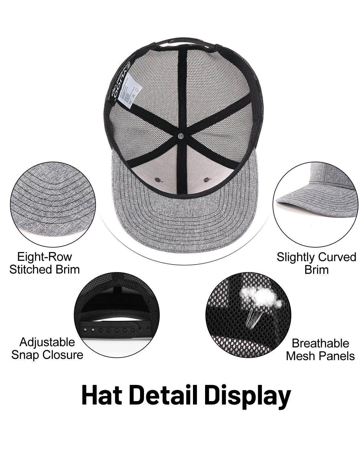 Gray mid profile snapback mesh trucker hat for big heads - interior sweatband detail