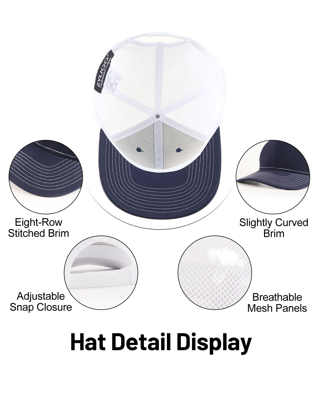 Navy blue mid profile snapback mesh trucker hat for big heads - interior sweatband detail