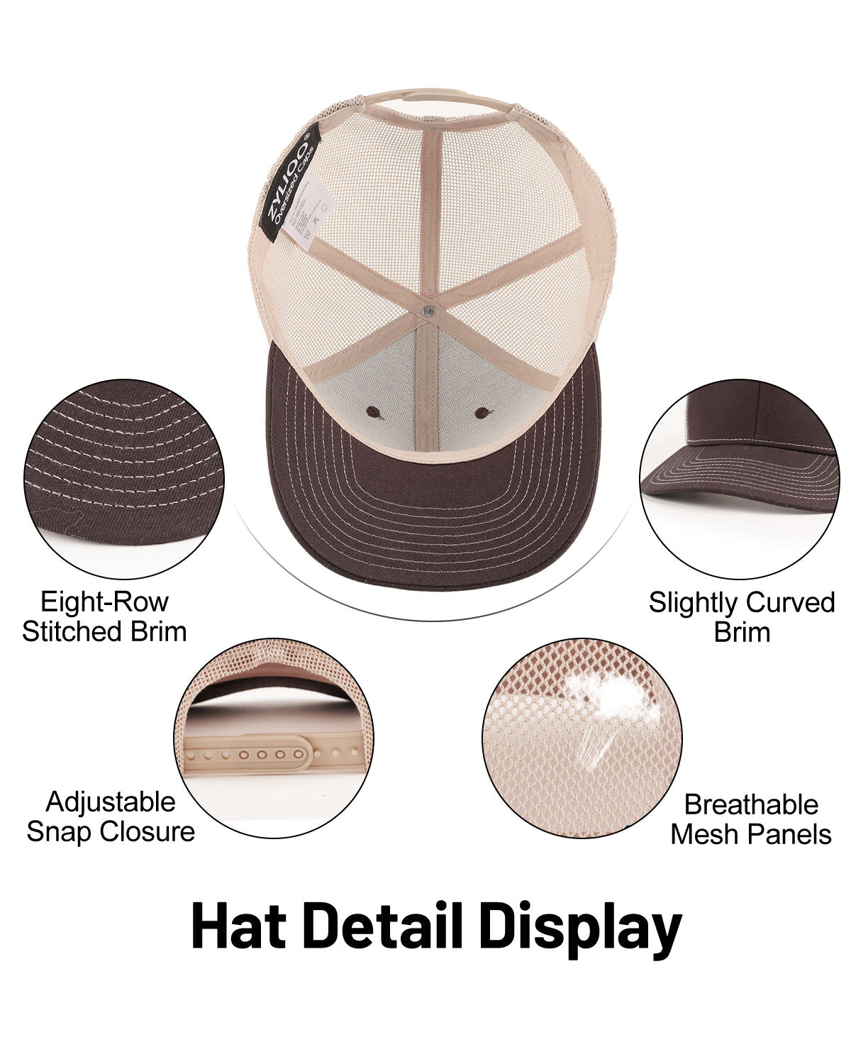  Brown khaki mid profile snapback mesh trucker hat for big heads - interior sweatband detail