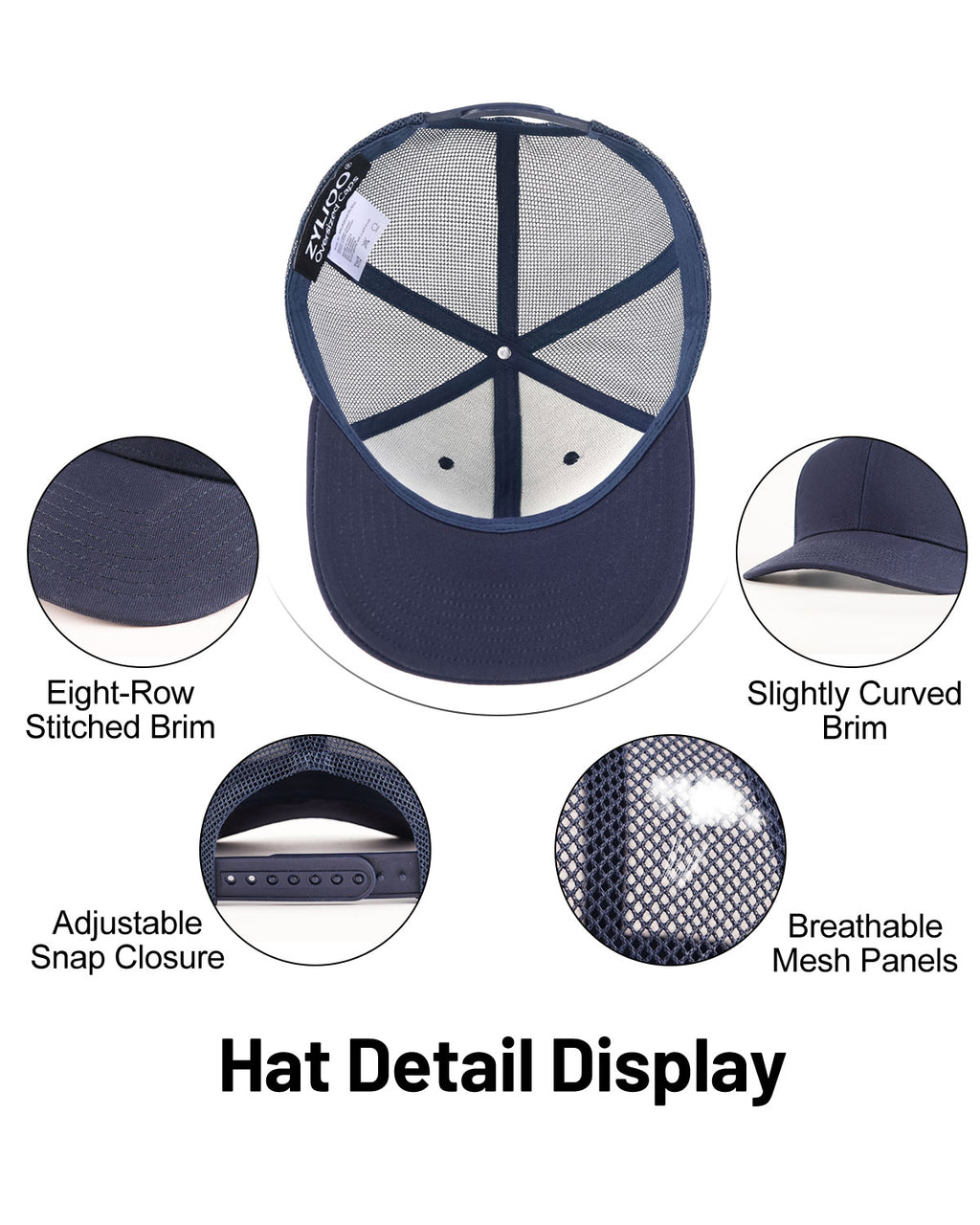 Navy blue mid profile snapback mesh trucker hat for big heads - interior sweatband detail